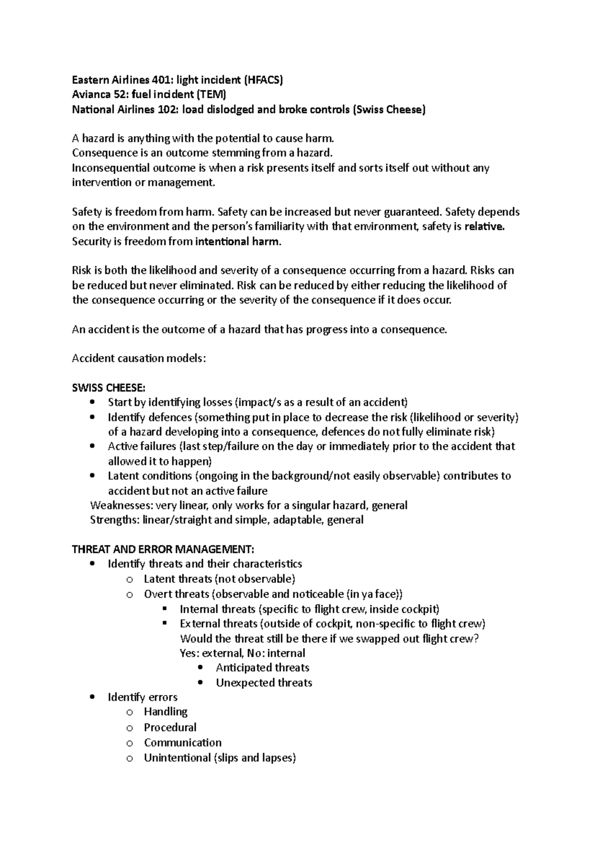 Aviation Safety Test 1 Notes - Eastern Airlines 401: Light Incident 