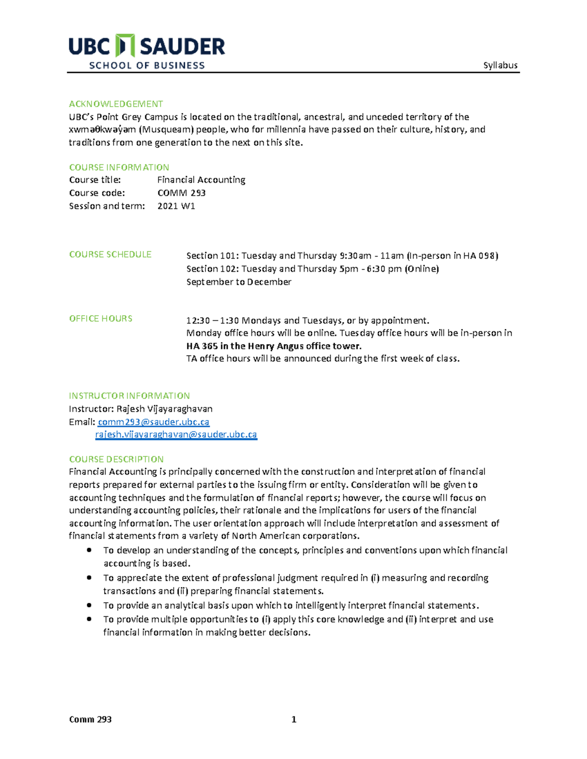 COMM 293 - Syllabus - ACKNOWLEDGEMENT UBC’s Point Grey Campus Is ...