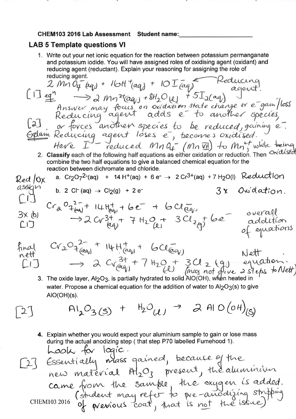 103 2016 Practical 5 Questions marking guide - CHEM103 - Studocu