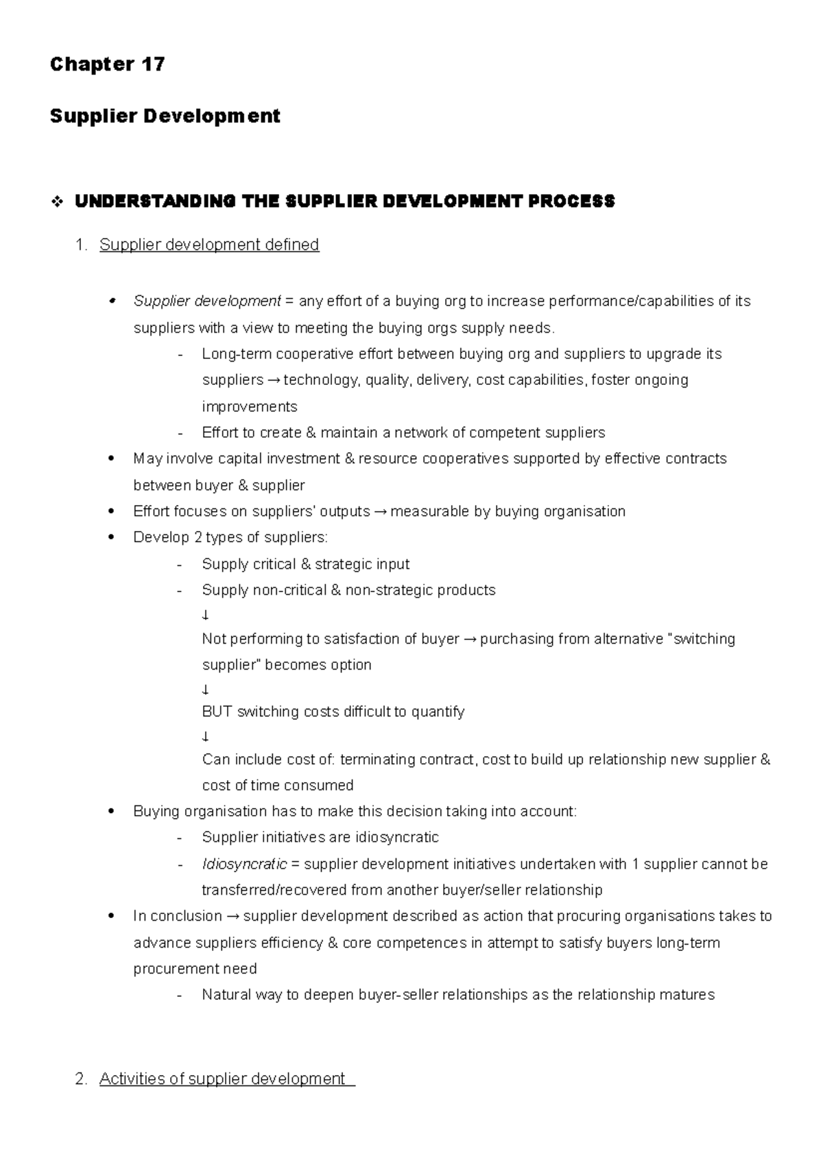 Chapter 17 - Summaries - Chapter 17 Supplier Development UNDERSTANDING ...