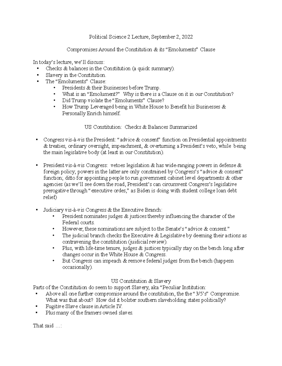 Emoluments Clause Political Science 2 Lecture, September 2, 2022