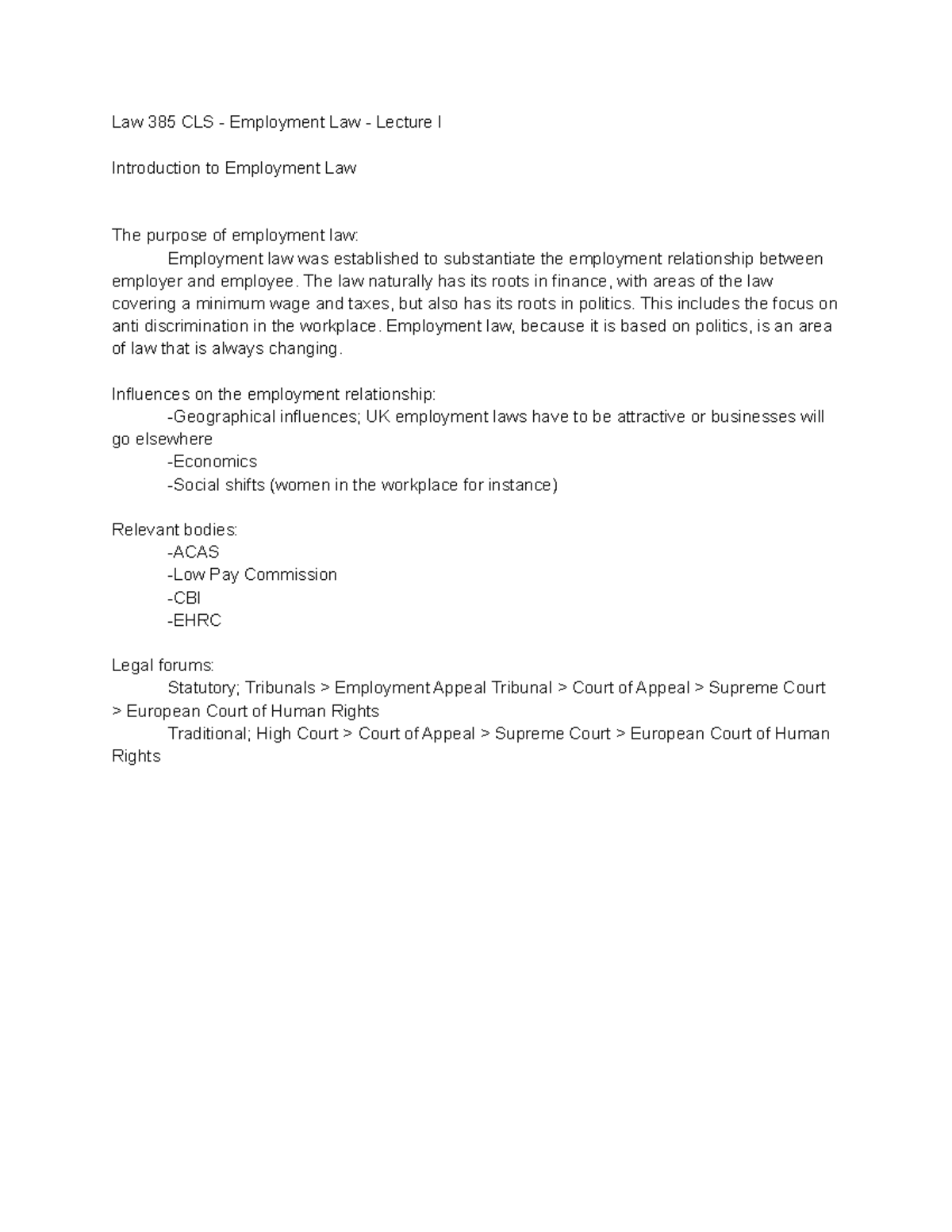 Lecture 1 - Introduction to Employment Law - 385 CLS - Coventry - Studocu
