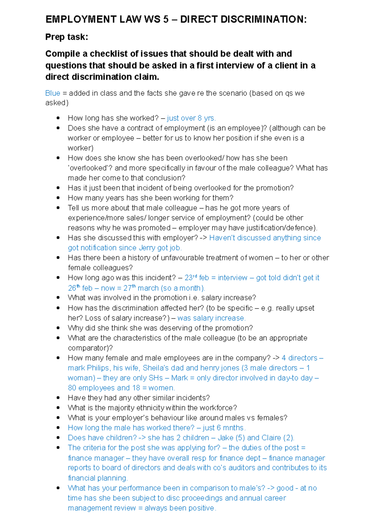 Employment law ws 5 - EMPLOYMENT LAW WS 5 – DIRECT DISCRIMINATION: Prep ...