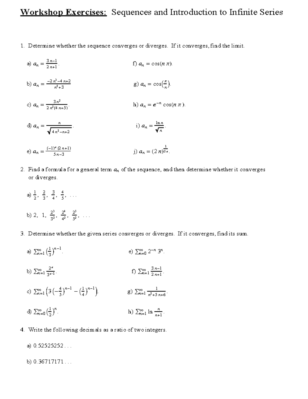 Sequences And Infinite Series Exercises -2018 - Workshop Exercises ...