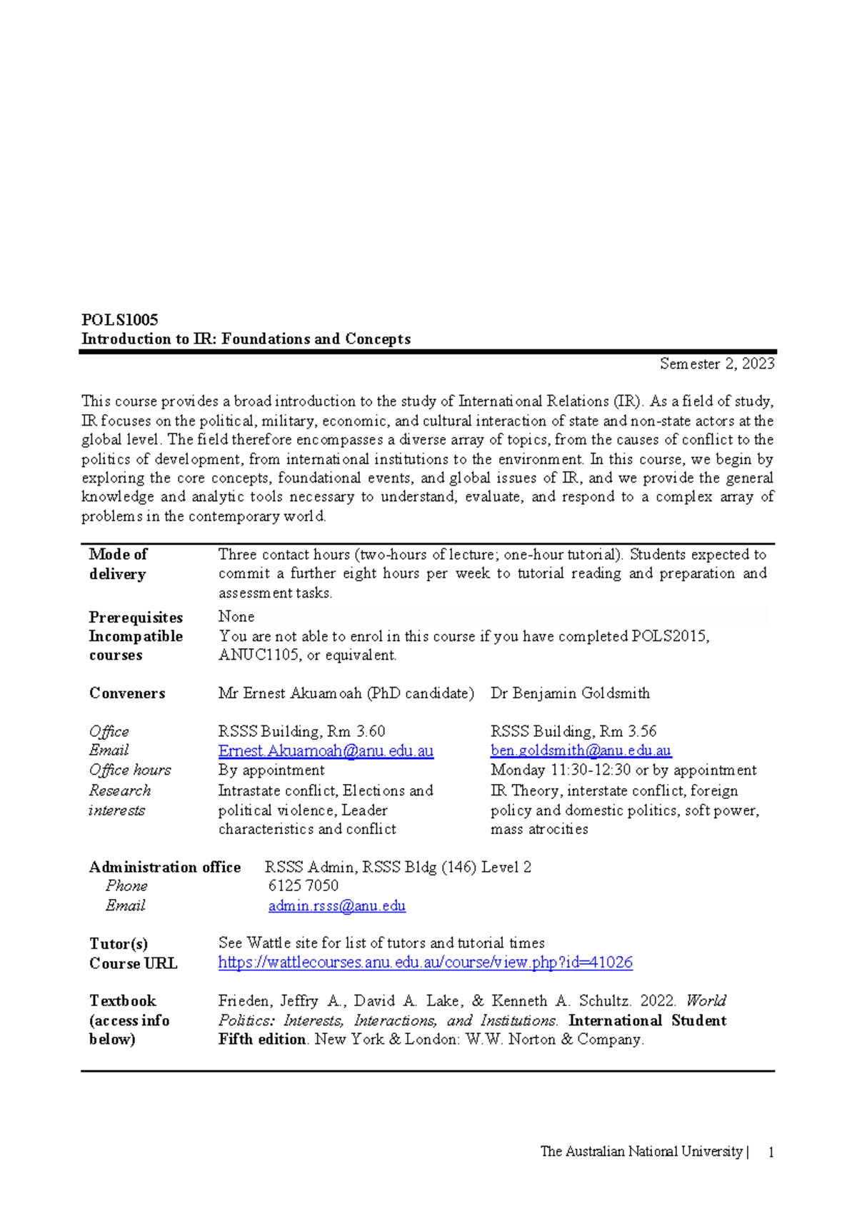 POLS1005 2023 Course Guide 230729 - POLS Introduction to IR ...
