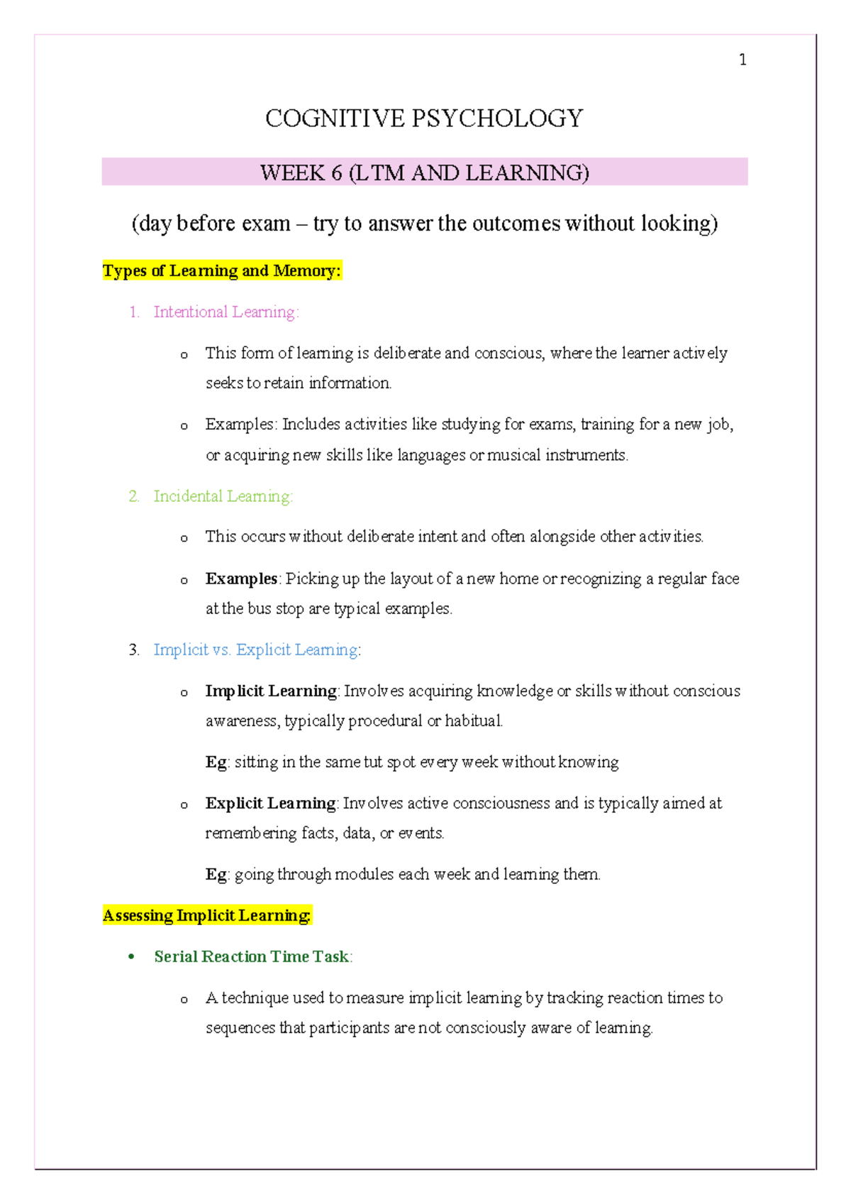 Week 6-12 notes cog psy - COGNITIVE PSYCHOLOGY WEEK 6 (LTM AND LEARNING ...