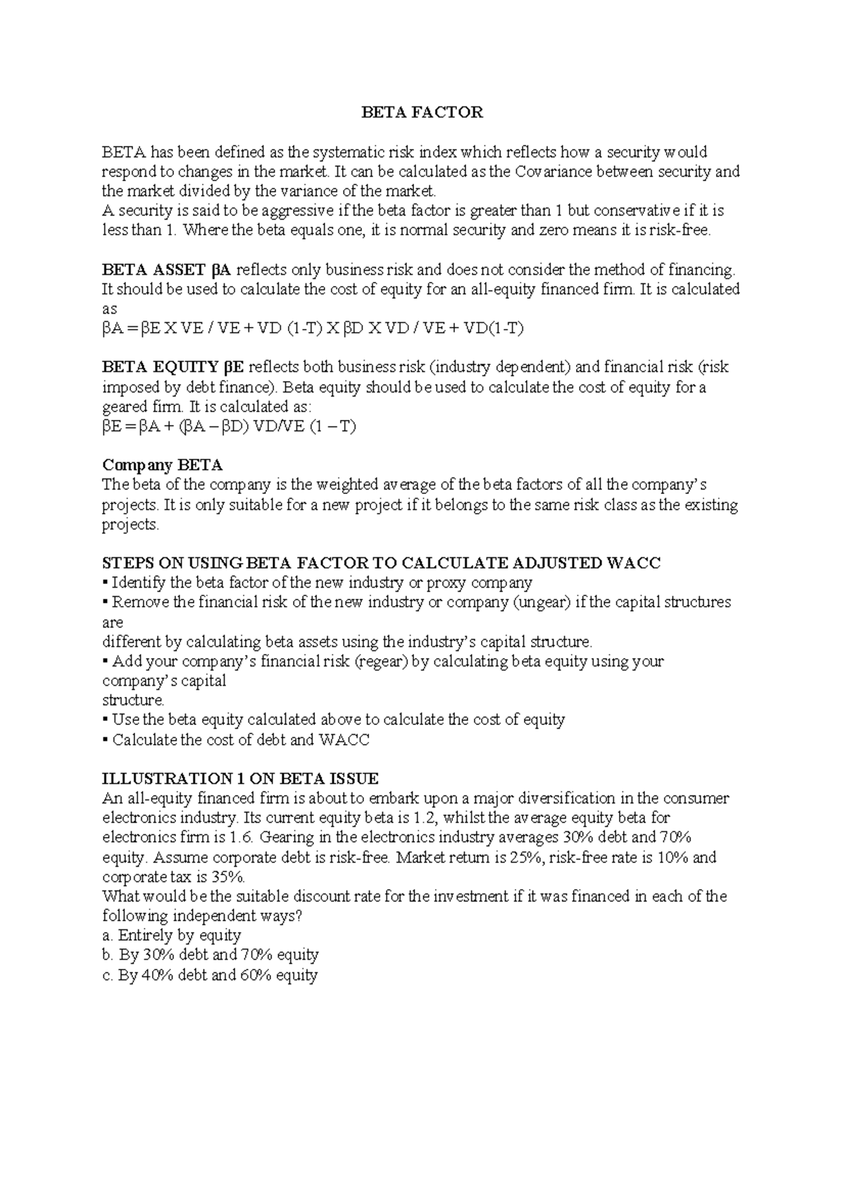 BETA Factor Notes - Summary Corporate Finance - BETA FACTOR BETA has ... image.