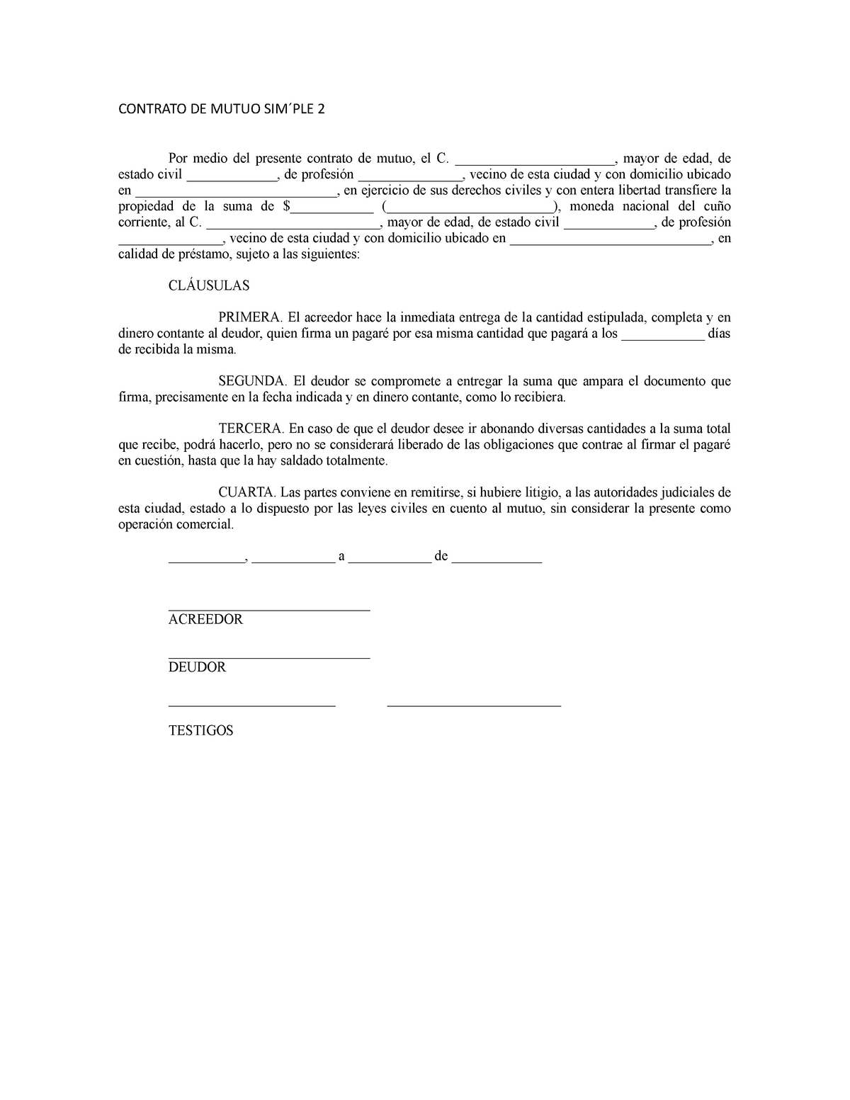 Contrato DE Mutuo Simple 2 - CONTRATO DE MUTUO SIM ́PLE 2 Por medio del  presente contrato de mutuo, - Studocu