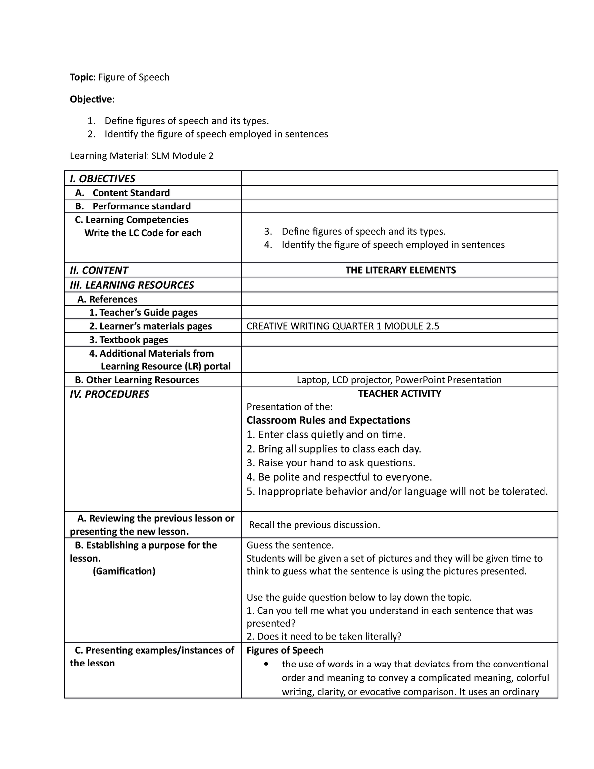 Assignment - Lecture Notes - Topic: Figure of Speech Objective: Define ...