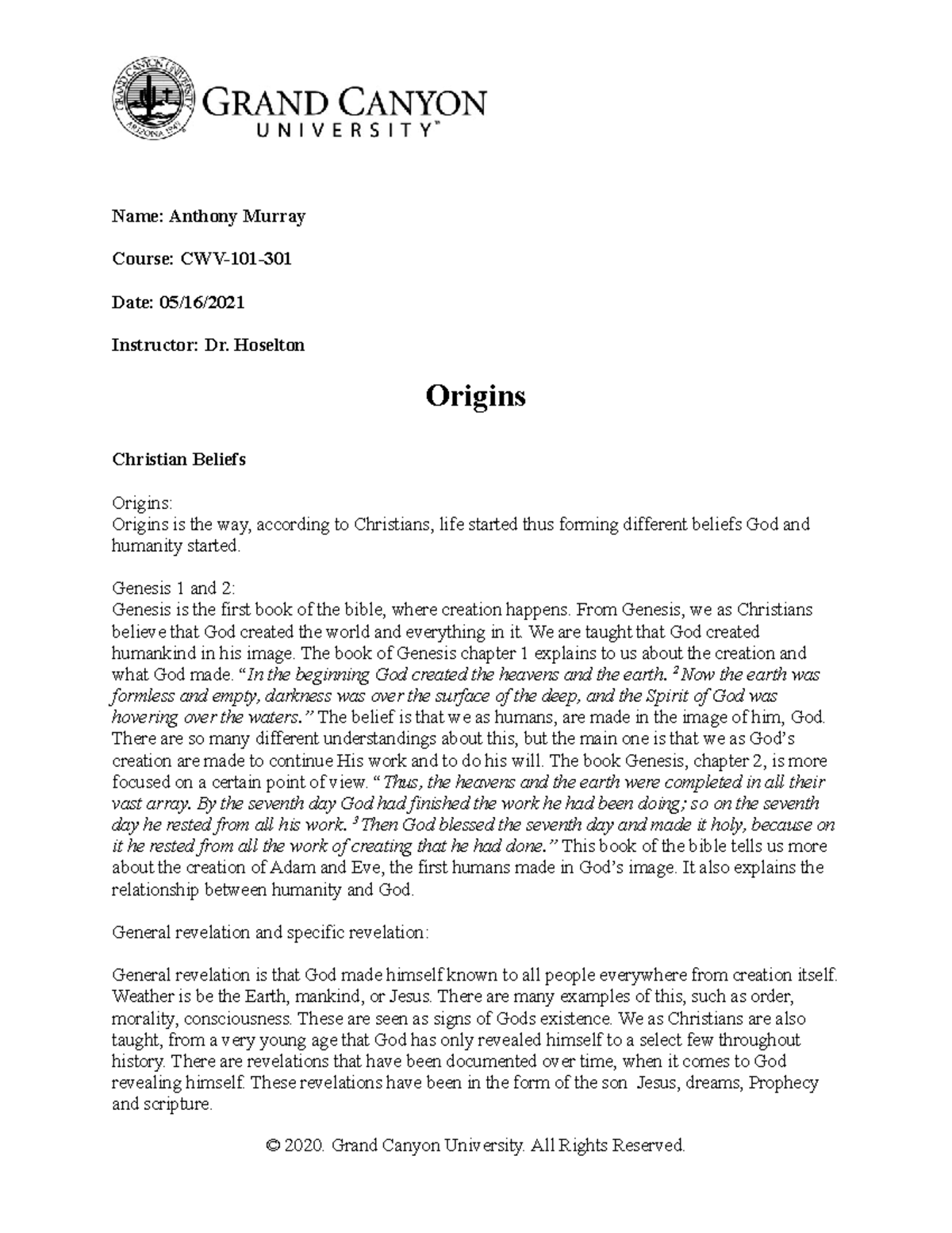 Origins Worksheet Christian Worldview Name Anthony Murray Course