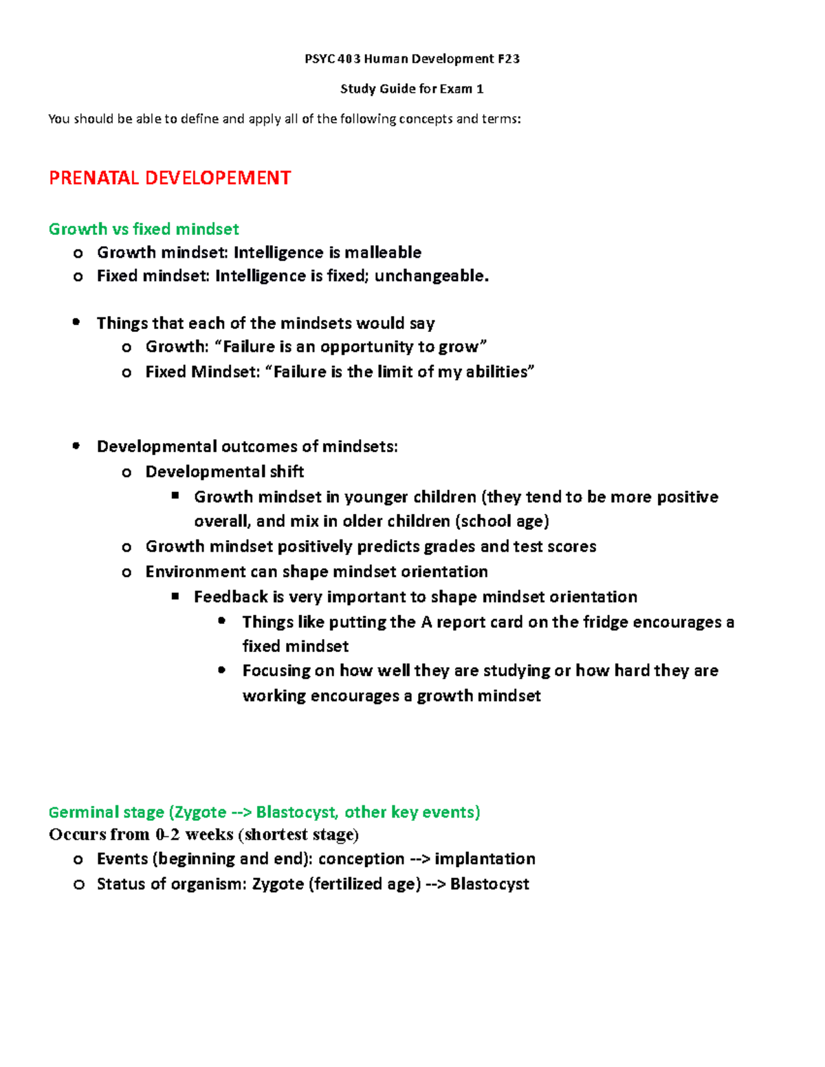 Psyc 403 Study Guide Exam 1 Psyc 403 Human Development F Study Guide