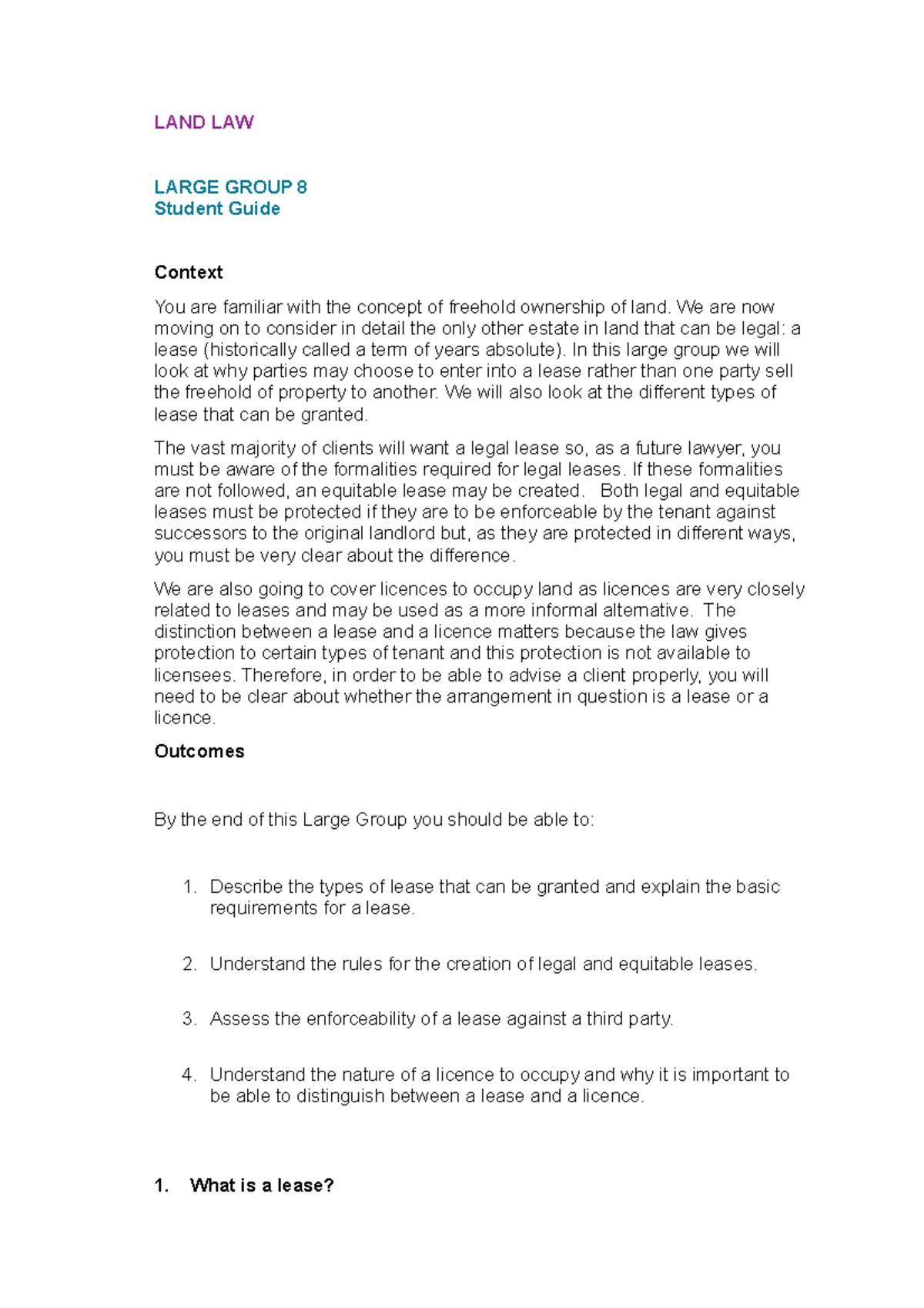 LAND LAW Large Group 8 - LAND LAW LARGE GROUP 8 Student Guide Context ...