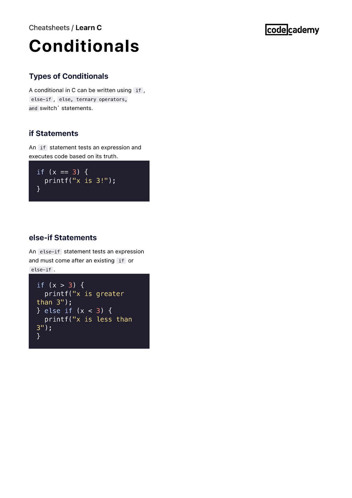 Learn C- Conditionals Cheatsheet Codecademy - A Conditional In C Can Be ...