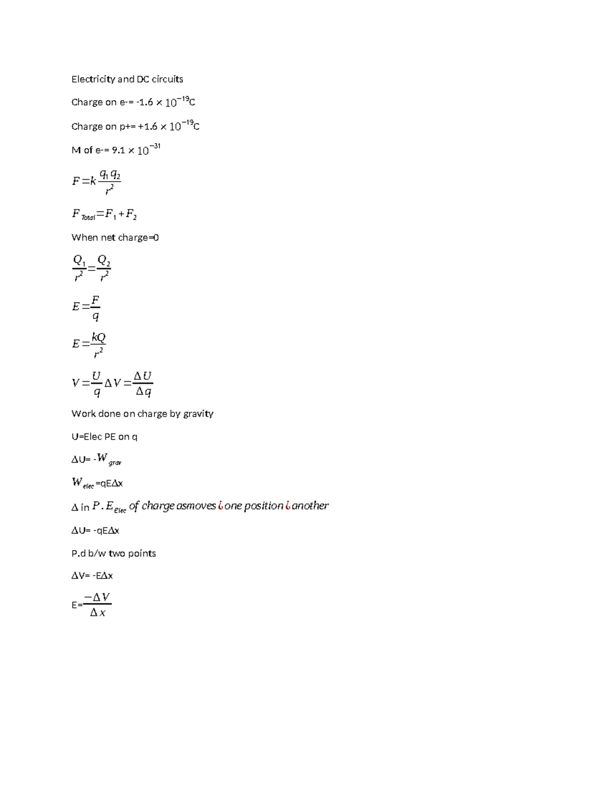 Physi 191 Electricity & DC Circuits Formulae Sheet - Electricity and DC ...