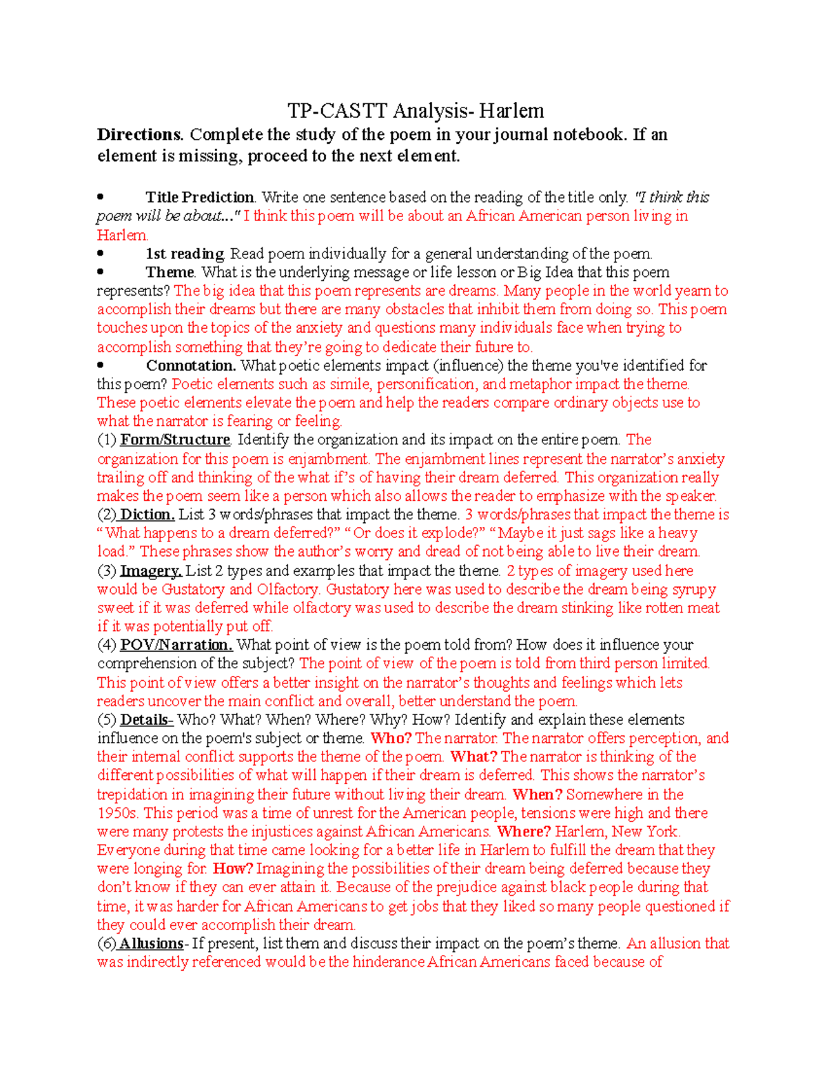 Harlem analysis by Merin Nichlet TPCASTT Analysis Harlem Directions