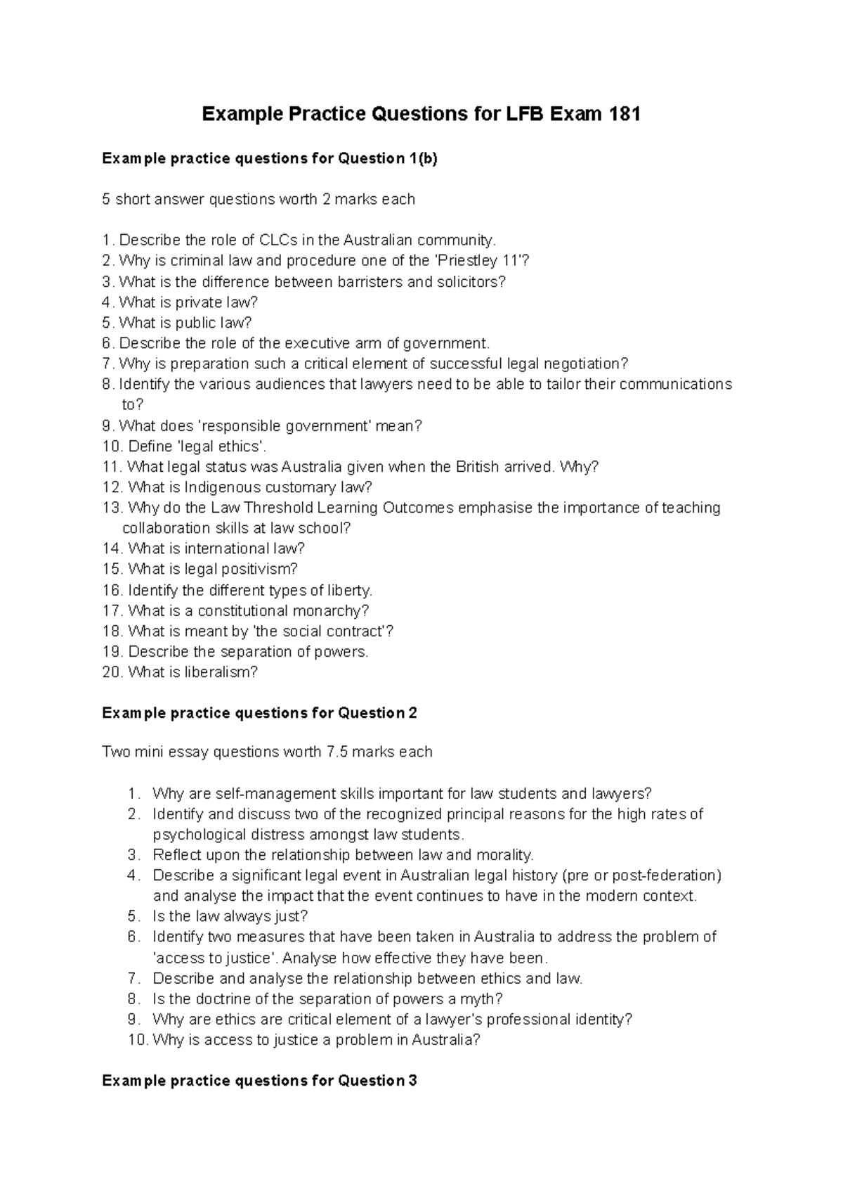 Sample/practice exam 7 December 2018, questions - Example Practice ...