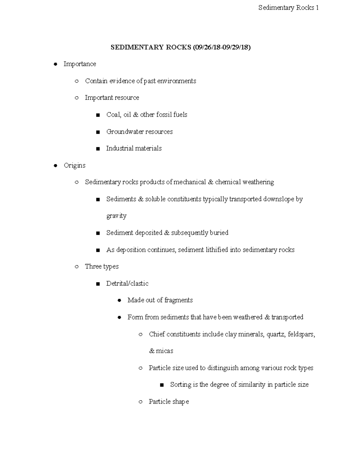 Sedimentary Rocks - Lecture notes 12-14 - SEDIMENTARY ROCKS (09/26/18 ...