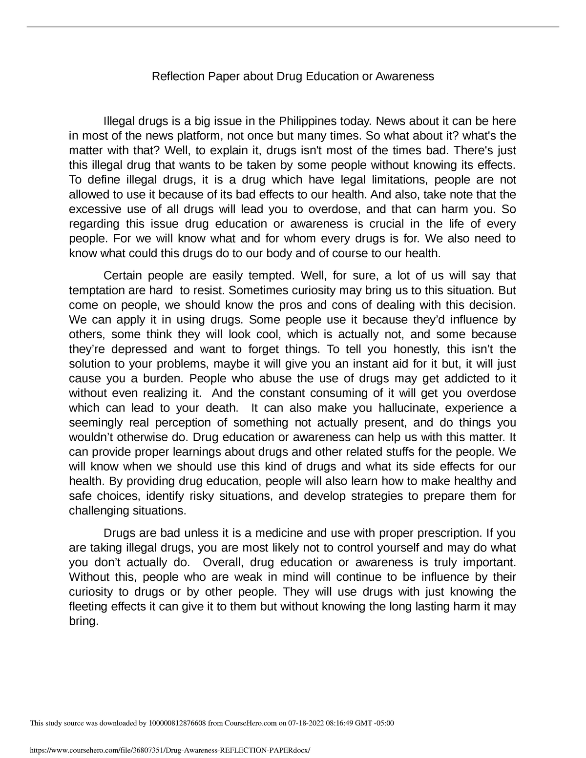 example of reflection paper about drug education