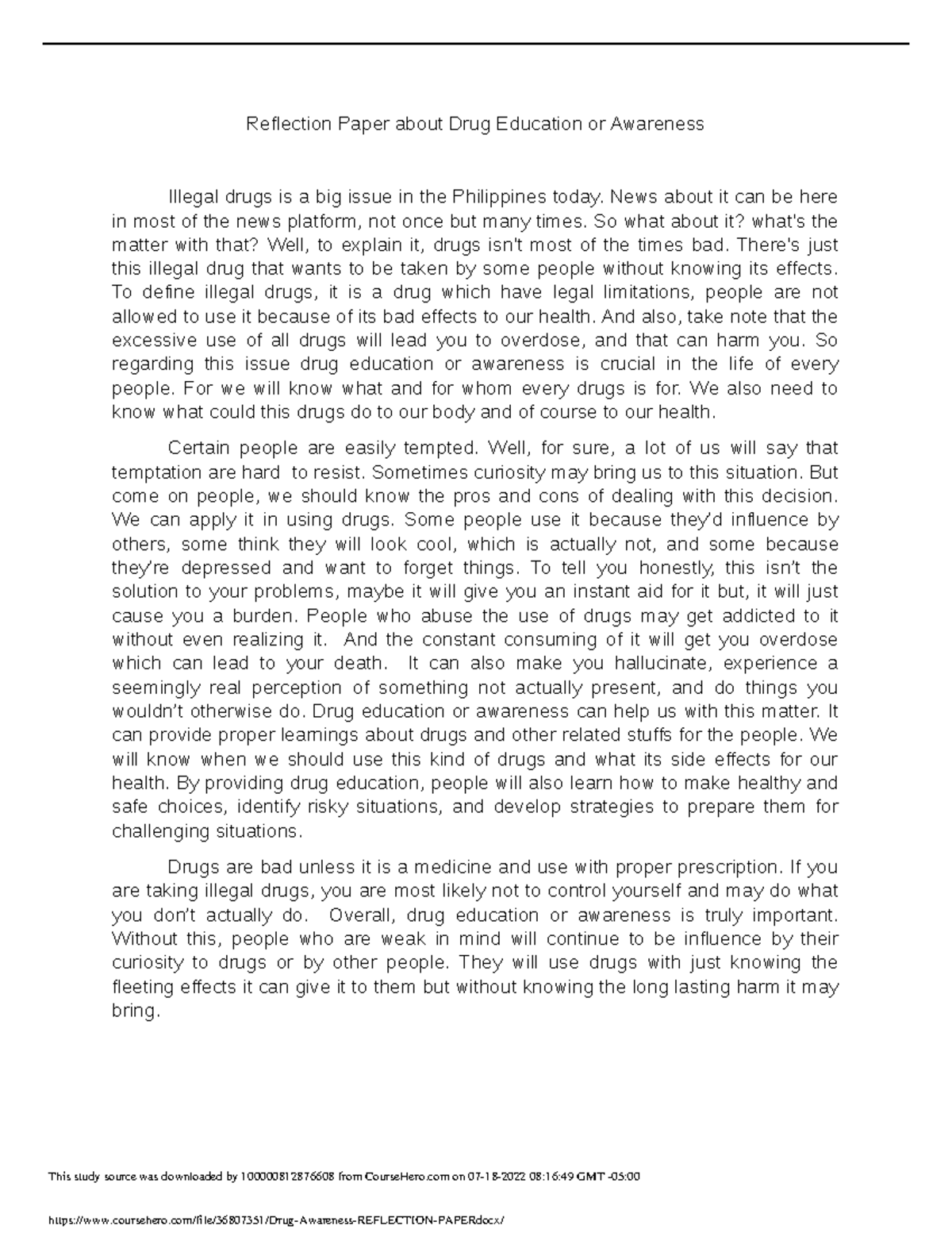 drug addiction reflection essay