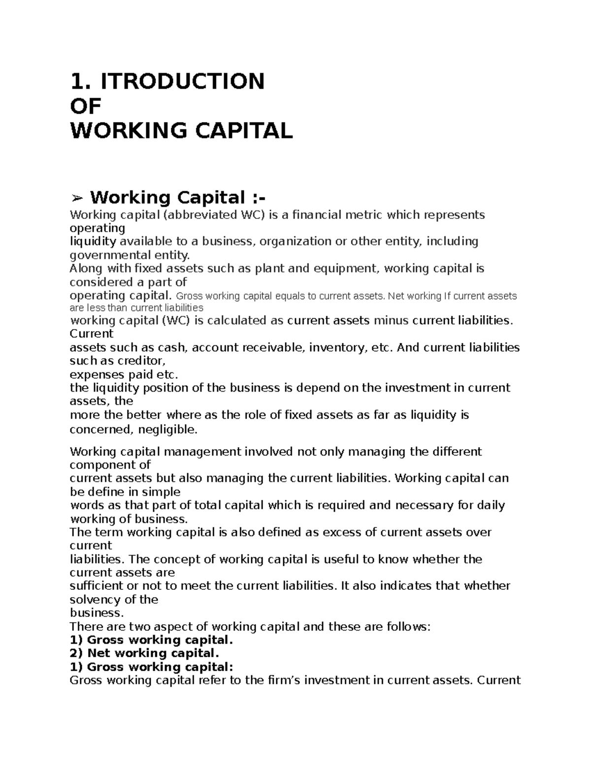 Project altab - 1. ITRODUCTION OF WORKING CAPITAL Working Capital ...