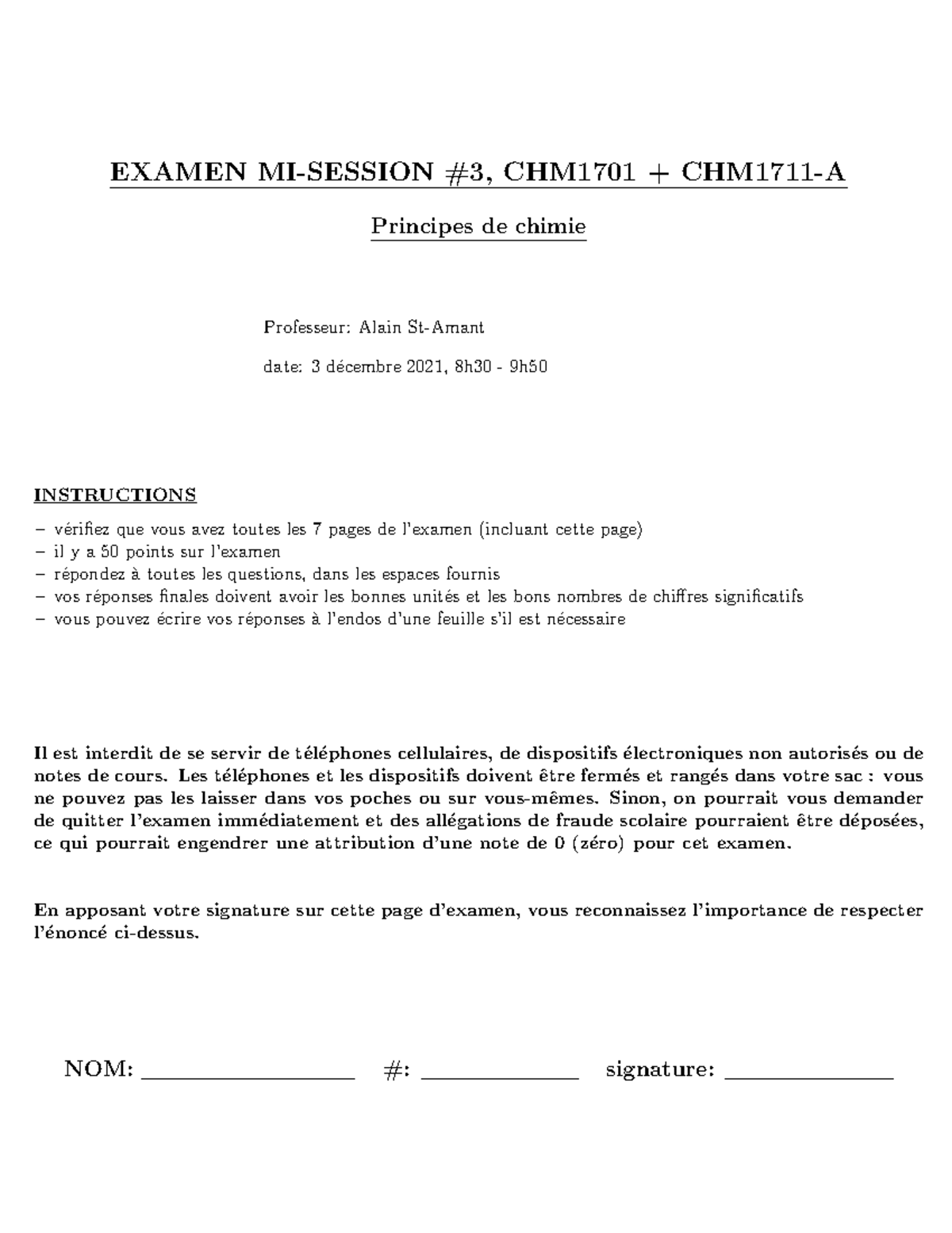 Midterm 2219 A3 - EXAMEN MI-SESSION #3, CHM1701 + CHM1711-A Principes ...