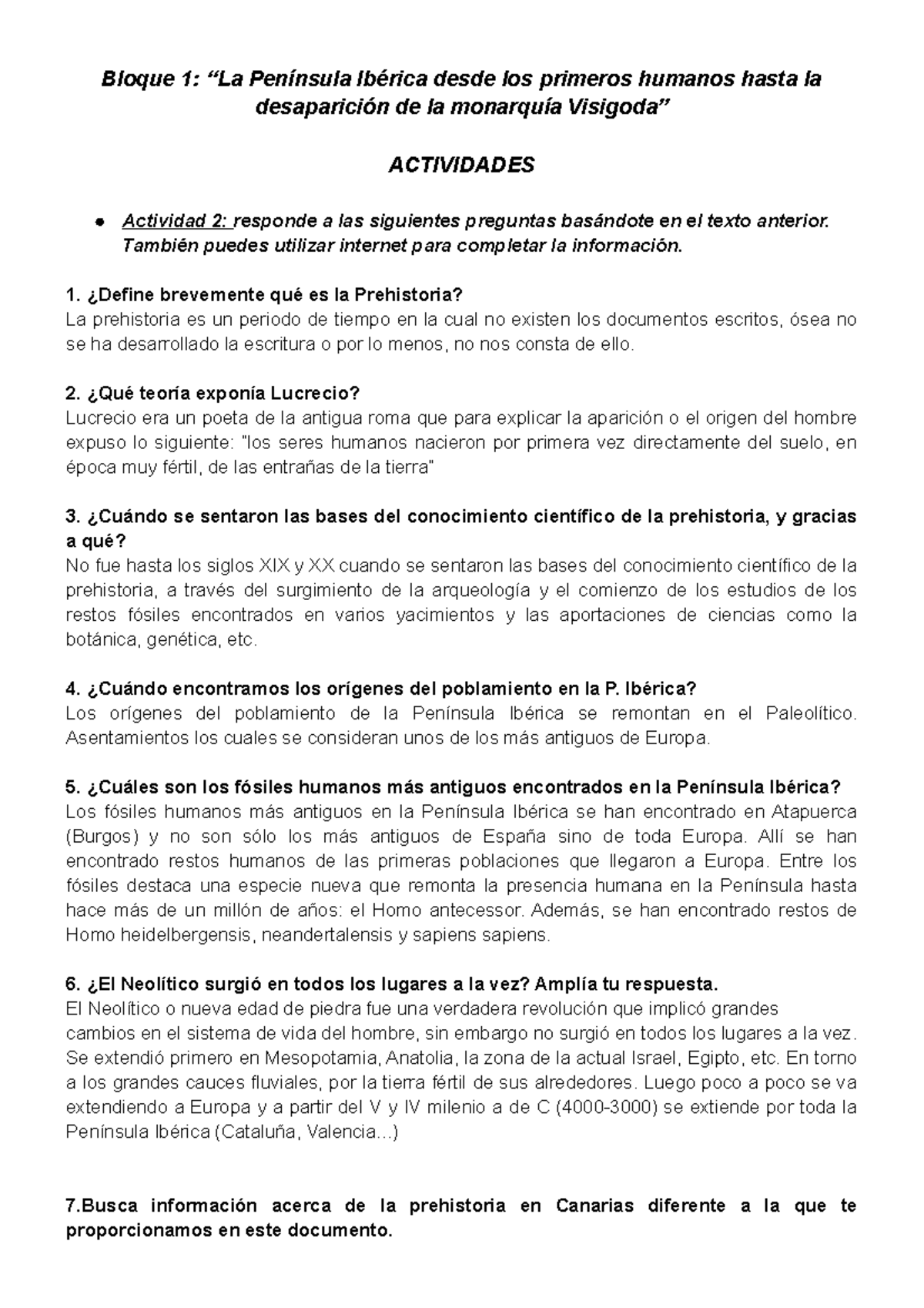 Actvidades Bloque 1. HDE - Bloque 1: “La Península Ibérica Desde Los ...