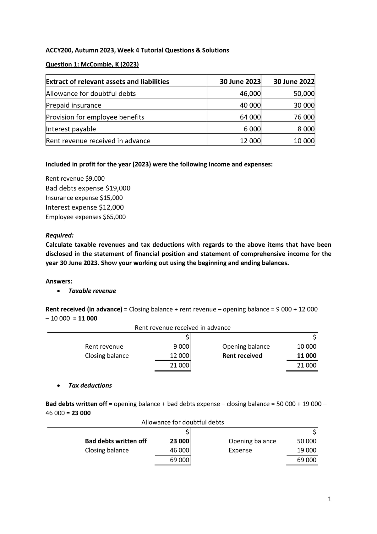 Week 4 Tutorial Solutions - ACCY200, Autumn 2023, Week 4 Tutorial ...