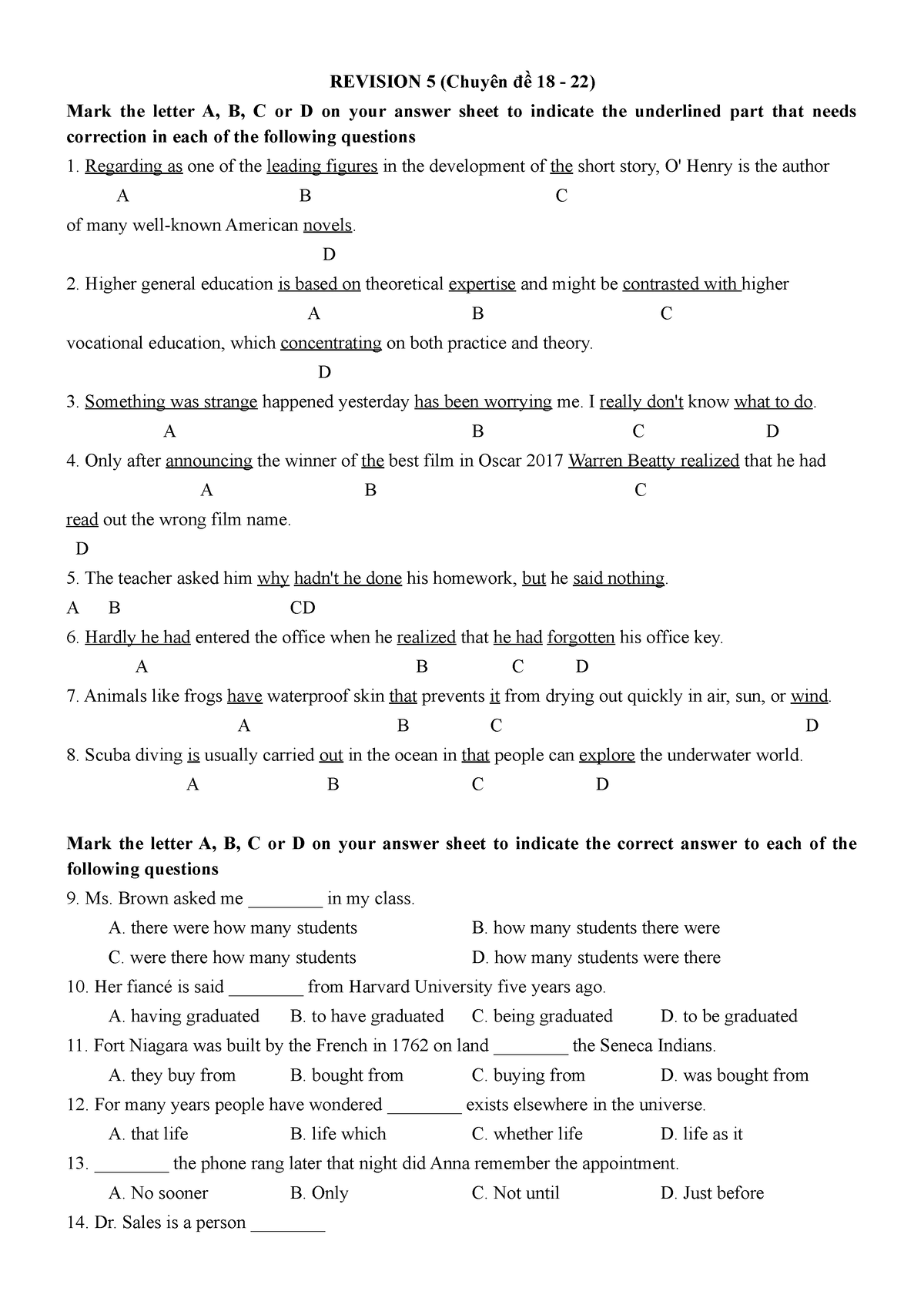 Revision 5 - REVISION 5 (Chuyên đề 18 - 22) Mark The Letter A, B, C Or ...