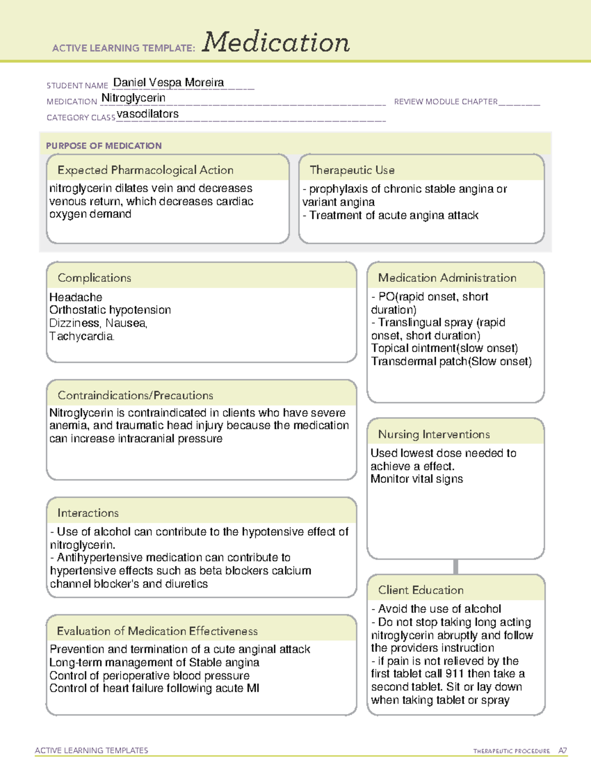 Nitroglycerin Information - NURS 392 - Studocu