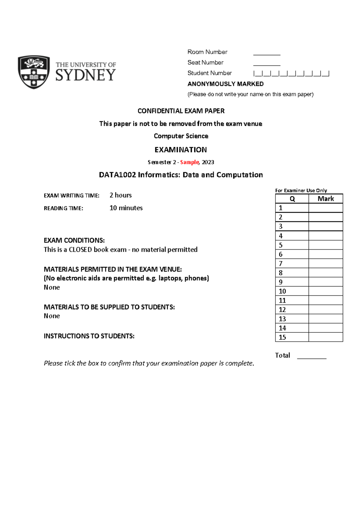 Data1002-2023-sample exam - Question - CONFIDENTIAL EXAM PAPER This ...