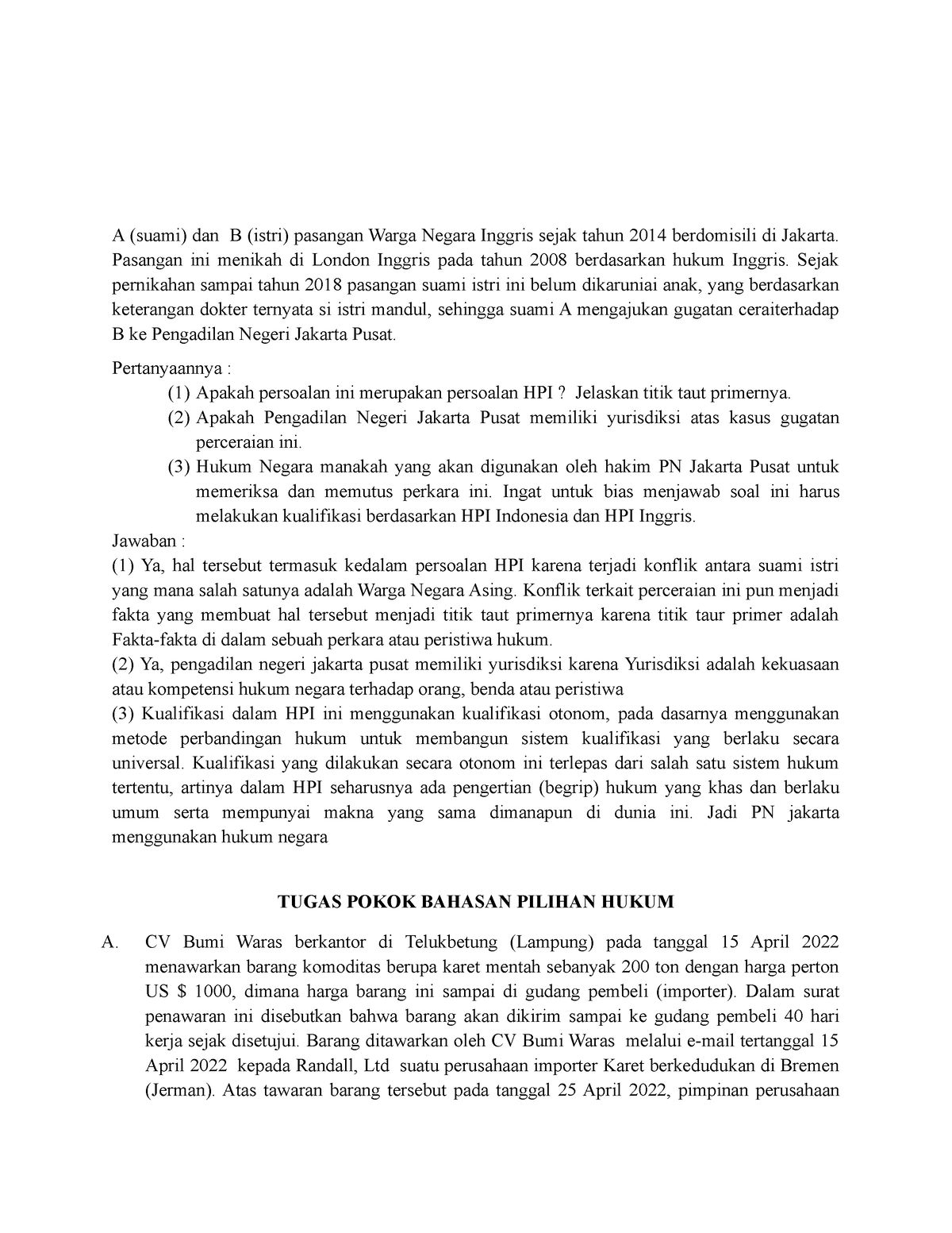 Hukum Perdata Internasional - A (suami) Dan B (istri) Pasangan Warga ...