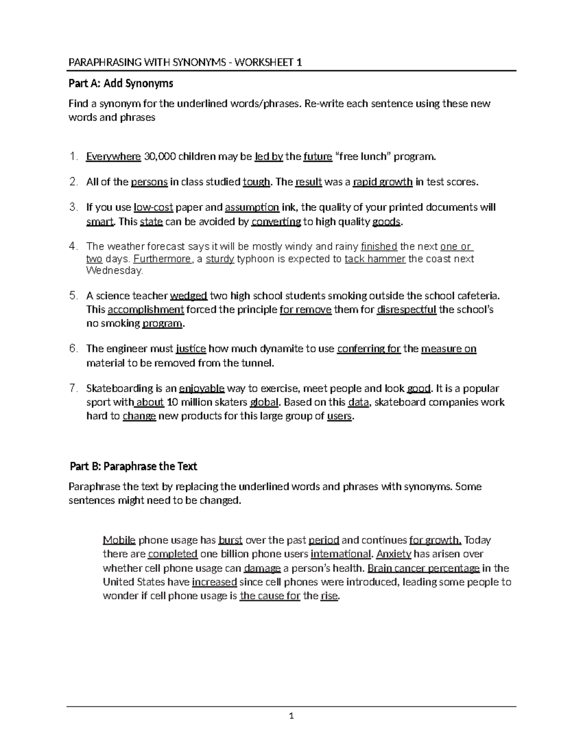 paraphrasing synonyms worksheet