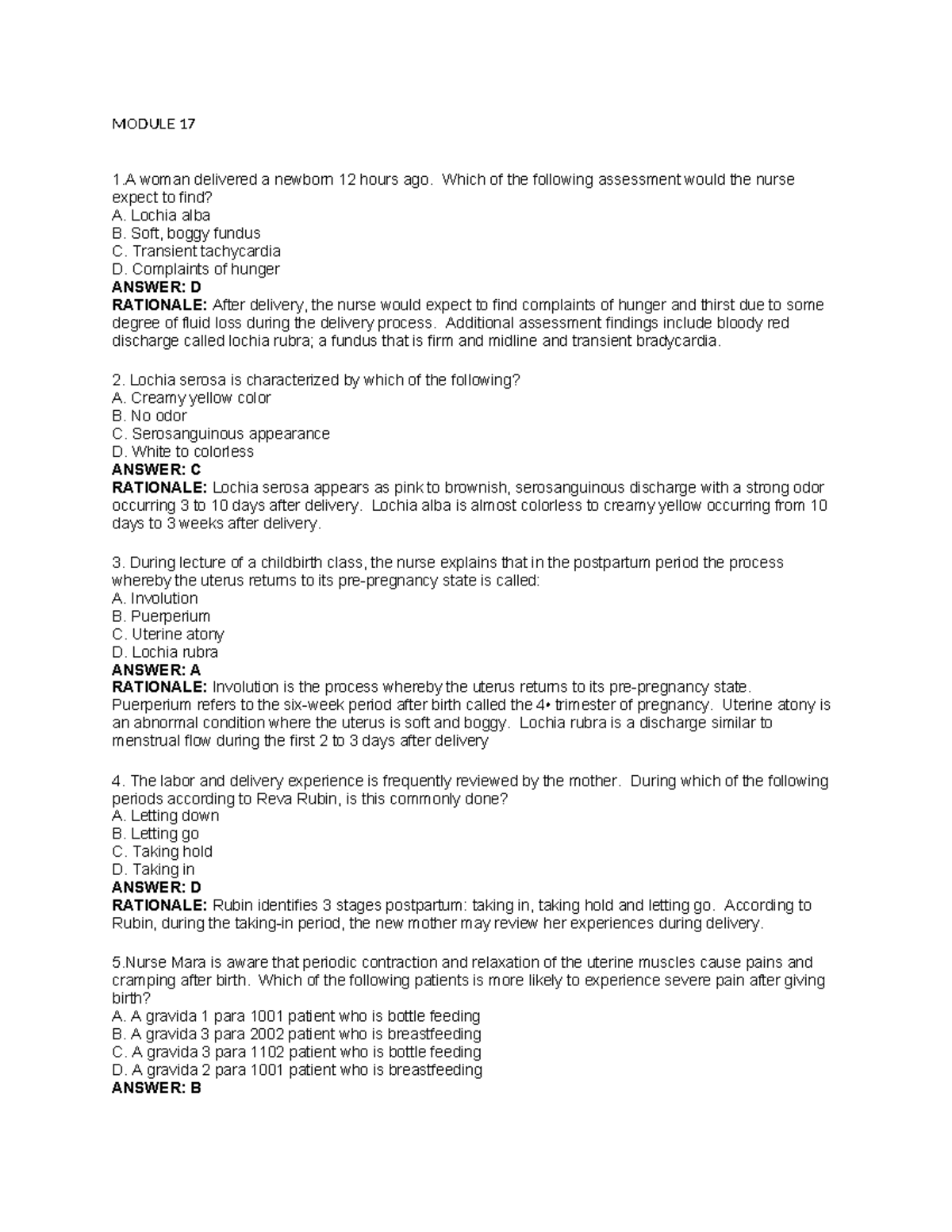 TERM-3- Answerkey-NUR-194 - MODULE 17 1 woman delivered a newborn 12 ...