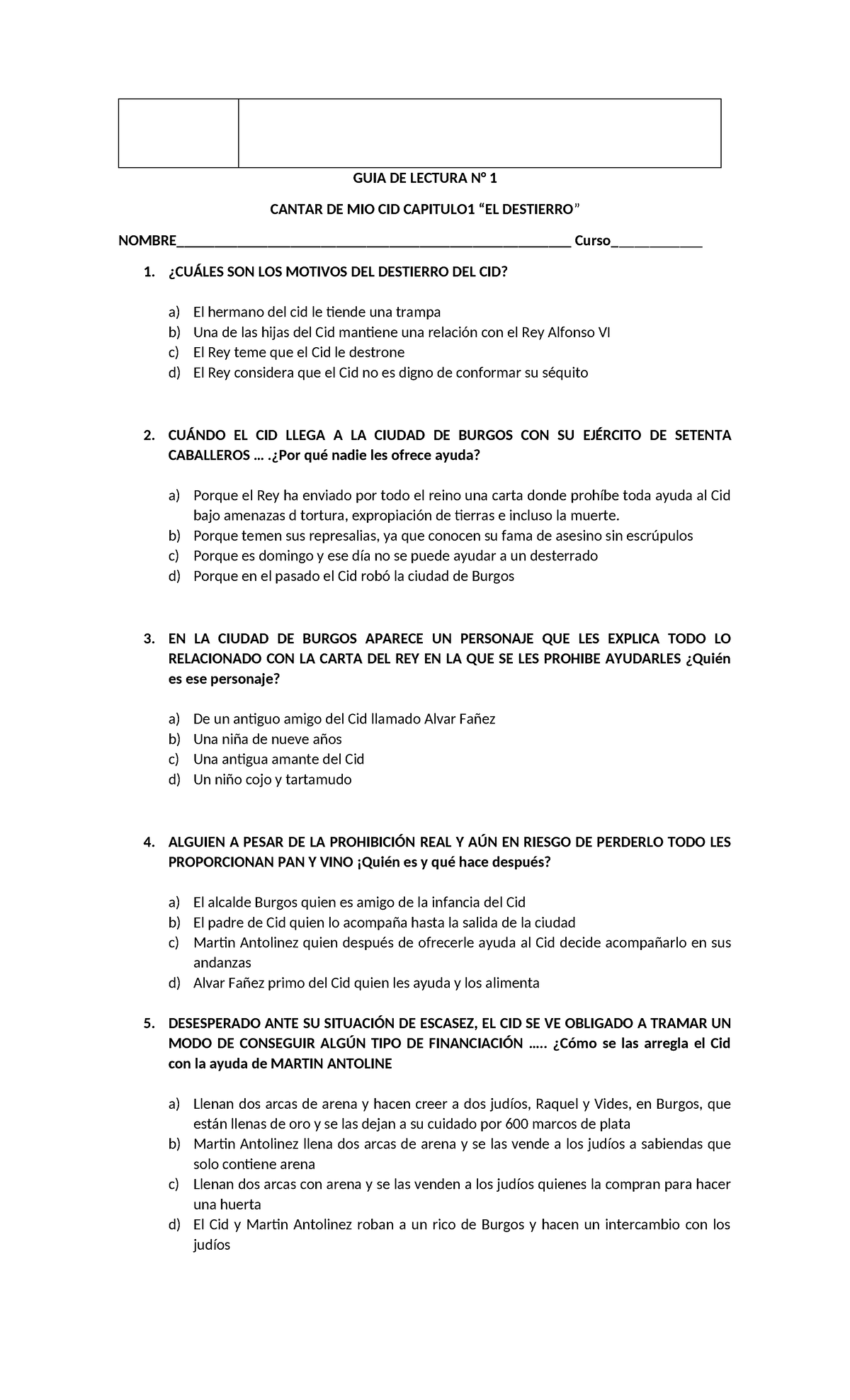 Actividad sobre el mio cid primer periodo GUIA DE LECTURA N° 1 CANTAR