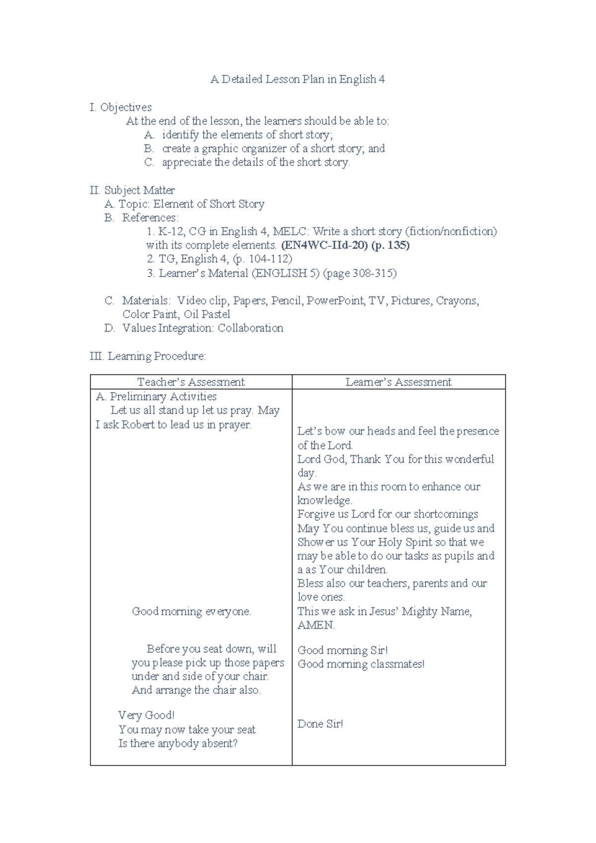 Eng. Literature lesson plan jl - A Detailed Lesson Plan in English 4 I ...