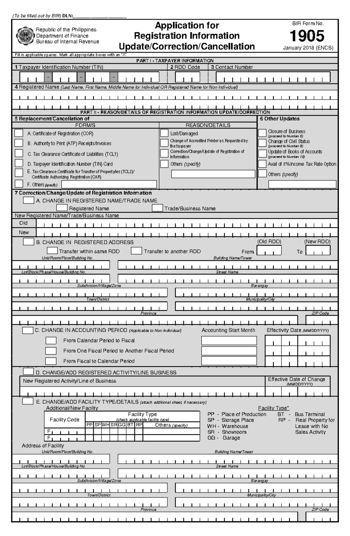 BIR 1905 updates Updating of Business Records - (To be filled out by ...