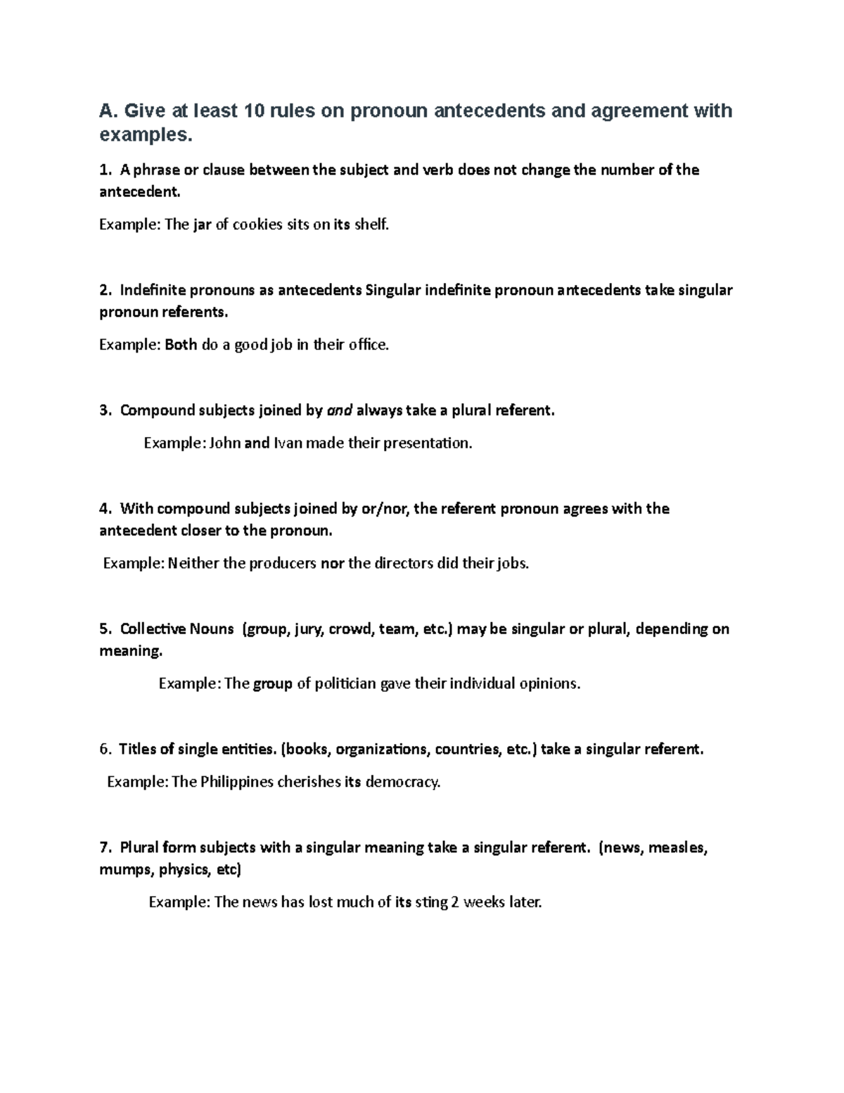 Pronoun Antecedents And Agreements A Give At Least 10 Rules On 