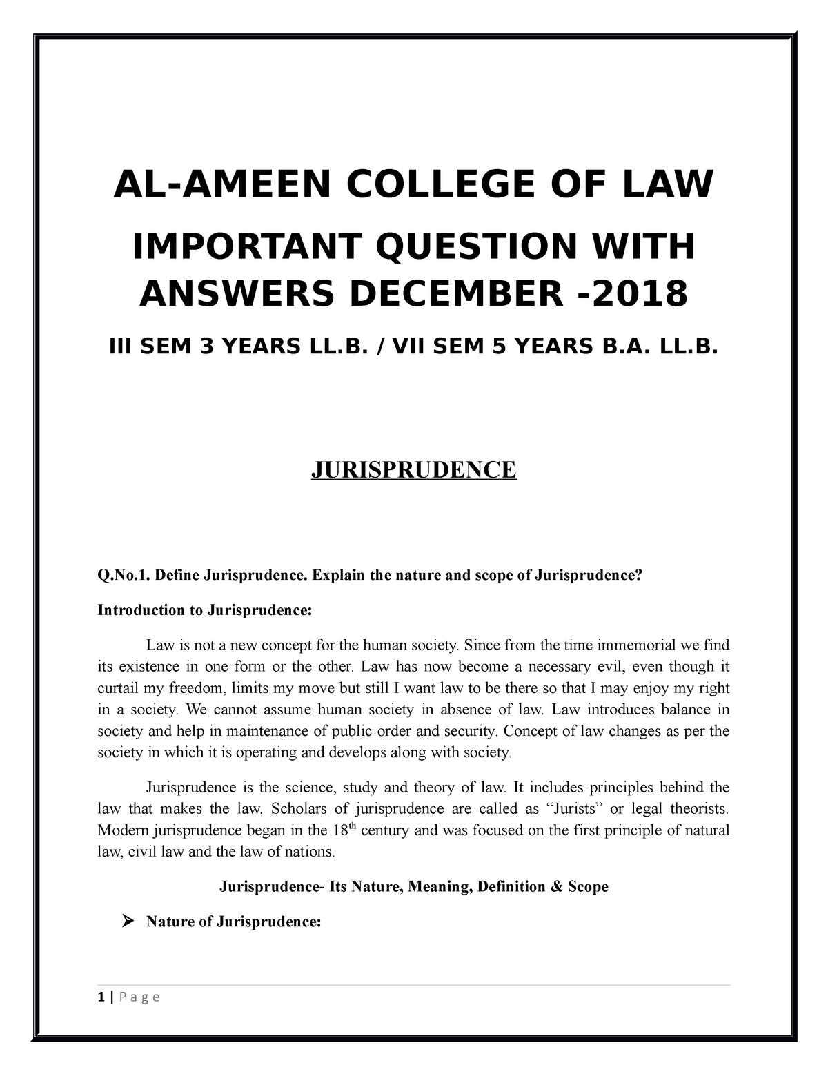 Jurisprudence Notes Al Ameen College Of Law Important Question With Answers December Iii Sem 4890