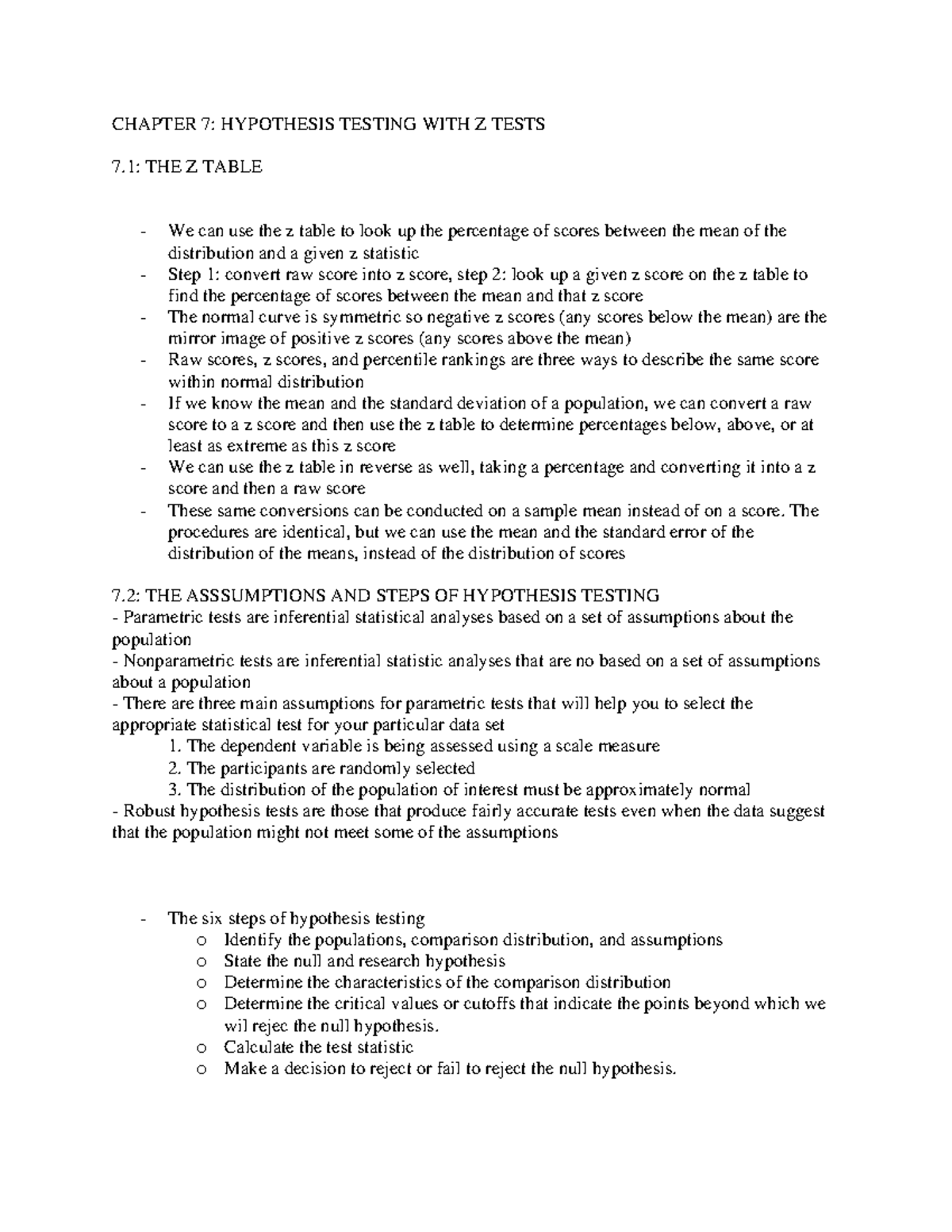 Statsch 7 - Z Tests - CHAPTER 7: HYPOTHESIS TESTING WITH Z TESTS 7: THE ...
