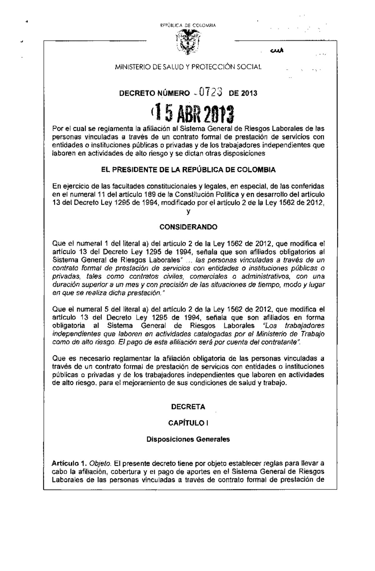 Decreto 723 De 2003 - Afiliacion Sistema General De Riesgos Laborales ...