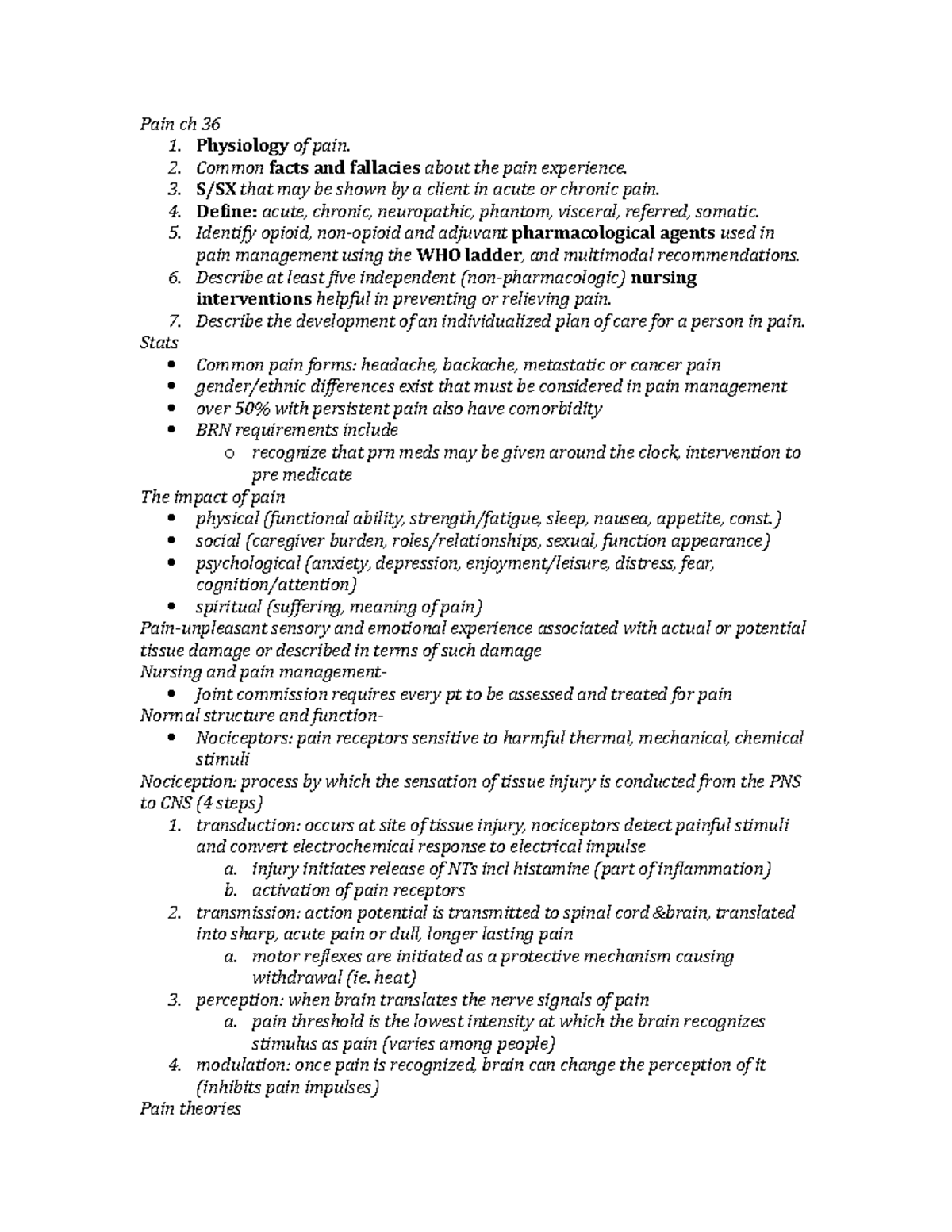 Pain ch 36 - Lecture notes Pain - Pain ch 36 1. Physiology of pain. 2 ...