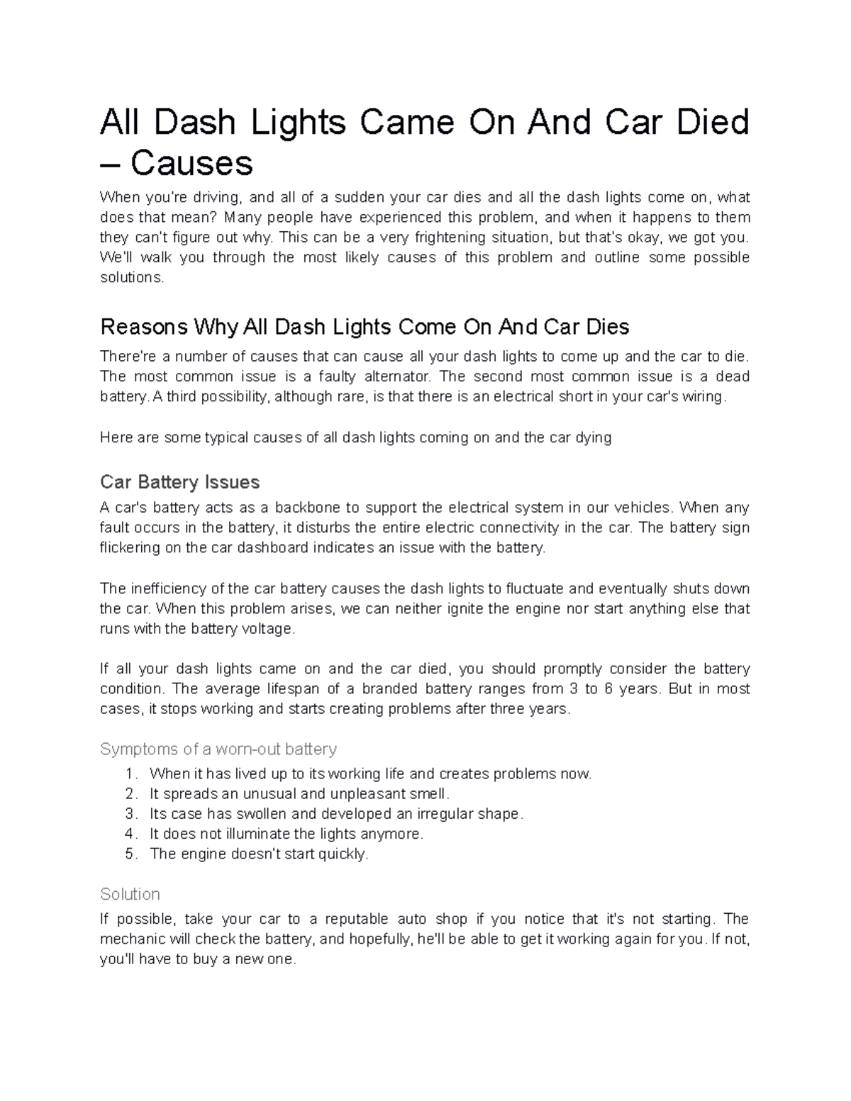 Examplearticle thankyouuu All Dash Lights Came On And Car Died