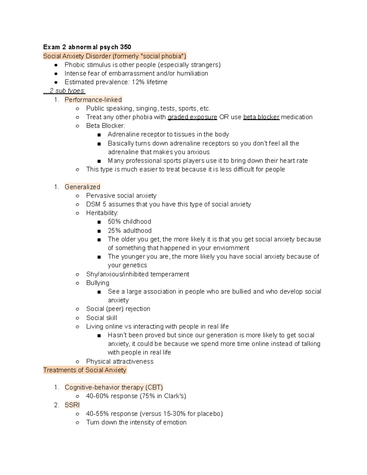 Exam 2 abnormal psych 350 social anxiety - Exam 2 abnormal psych 350 ...
