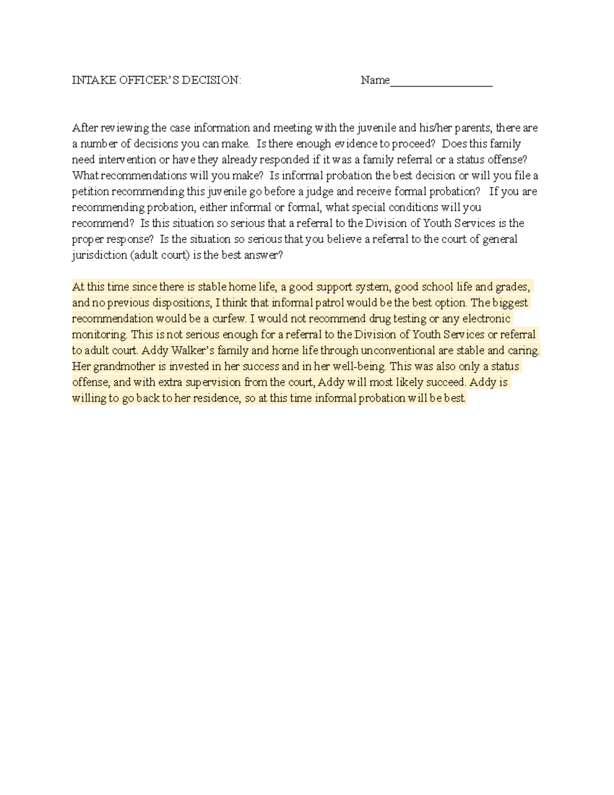 Intake Officer Decision - INTAKE OFFICER’S DECISION: Name ...