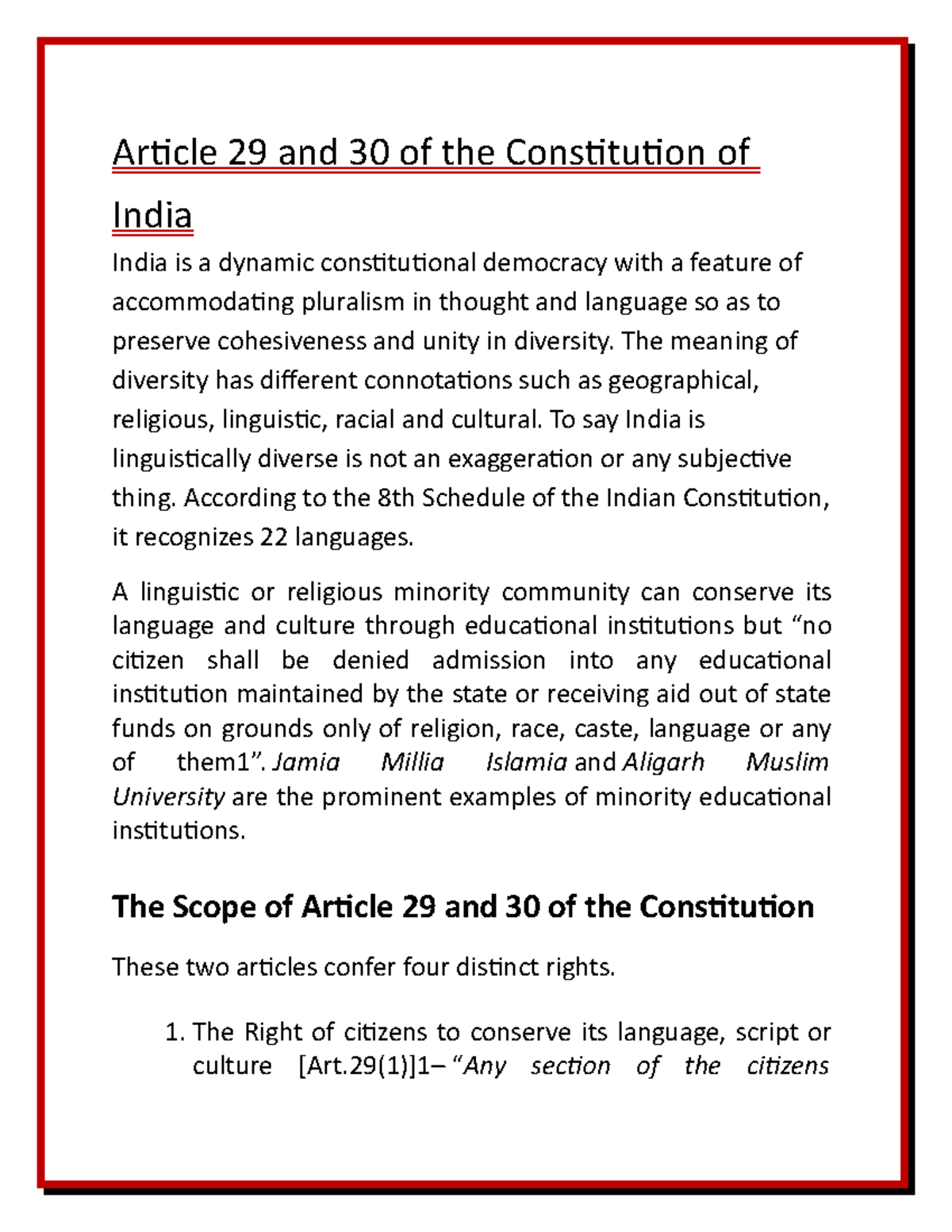 Article 29 and 30 of the Constitution of India Article 29 and 30 of