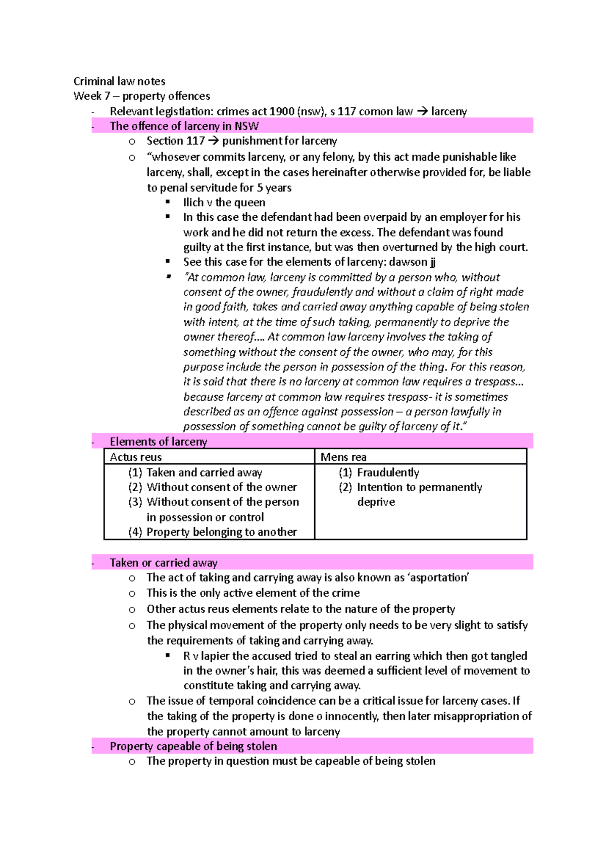 Criminal Law Notes - Criminal Law Notes Week 7 – Property Offences ...