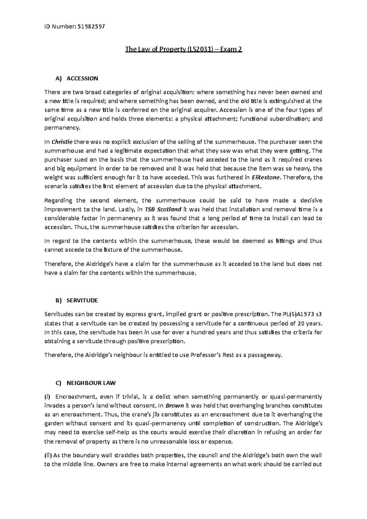 Scenario Essay Answer The Law of Property (LS2031) Exam 2 A