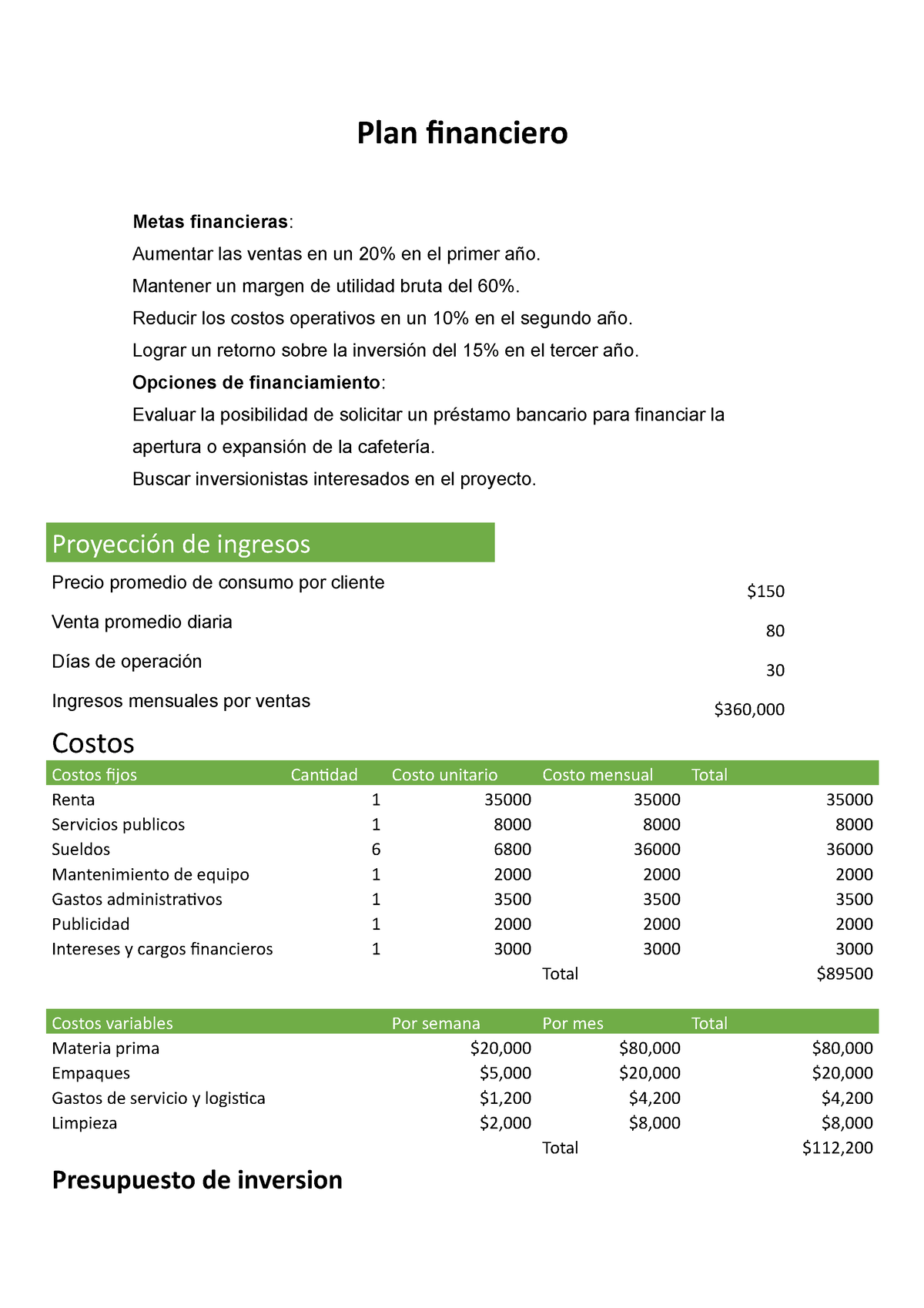 Plan Financiero Cafeteria Plan Financiero Metas Financieras Aumentar Las Ventas En Un En