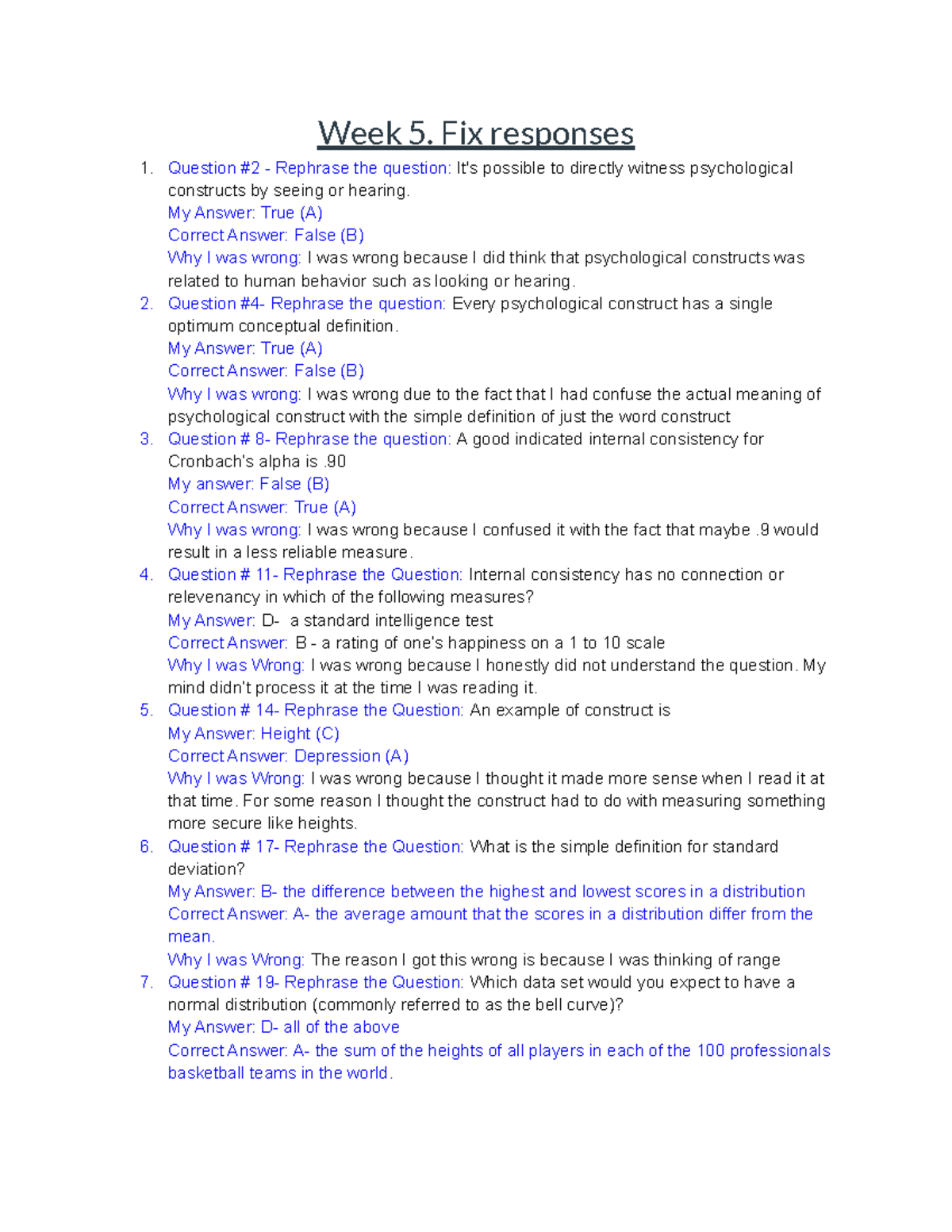 Corrections for test - Week 5. Fix responses Question #2 - Rephrase the ...