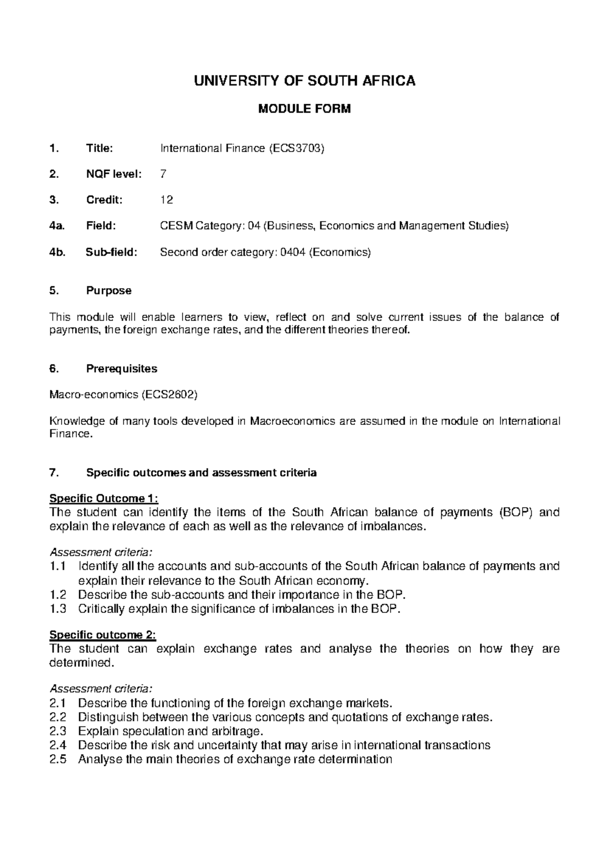 ECS3703 MF 2010 - UNIVERSITY OF SOUTH AFRICA MODULE FORM 1. Title ...